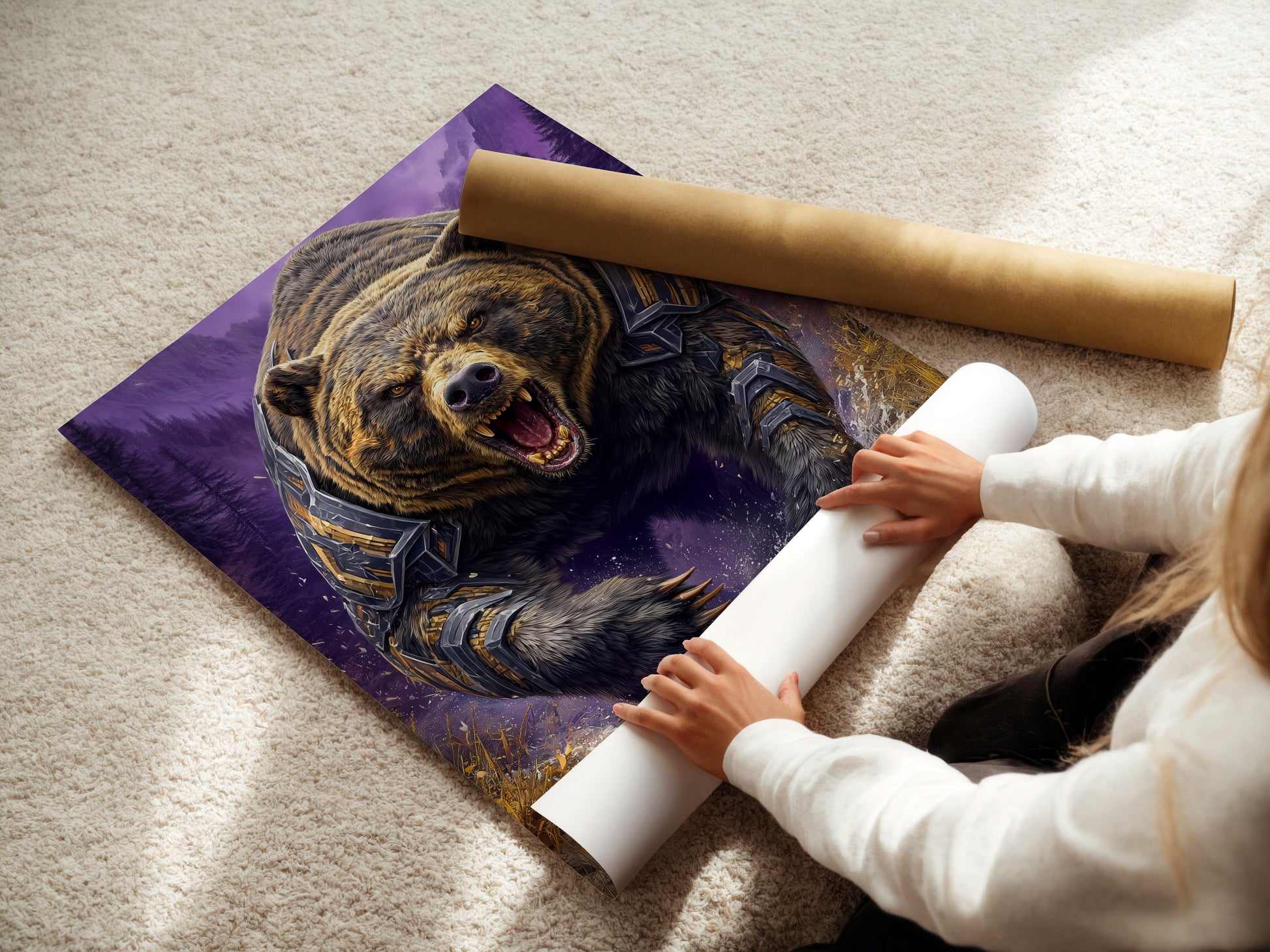 A woman carefully unrolls a fine art poster paper print of the Grizzly Bear artwork. This fantasy wildlife art features a bear in armor with a purple mountain background. Perfect for any space.