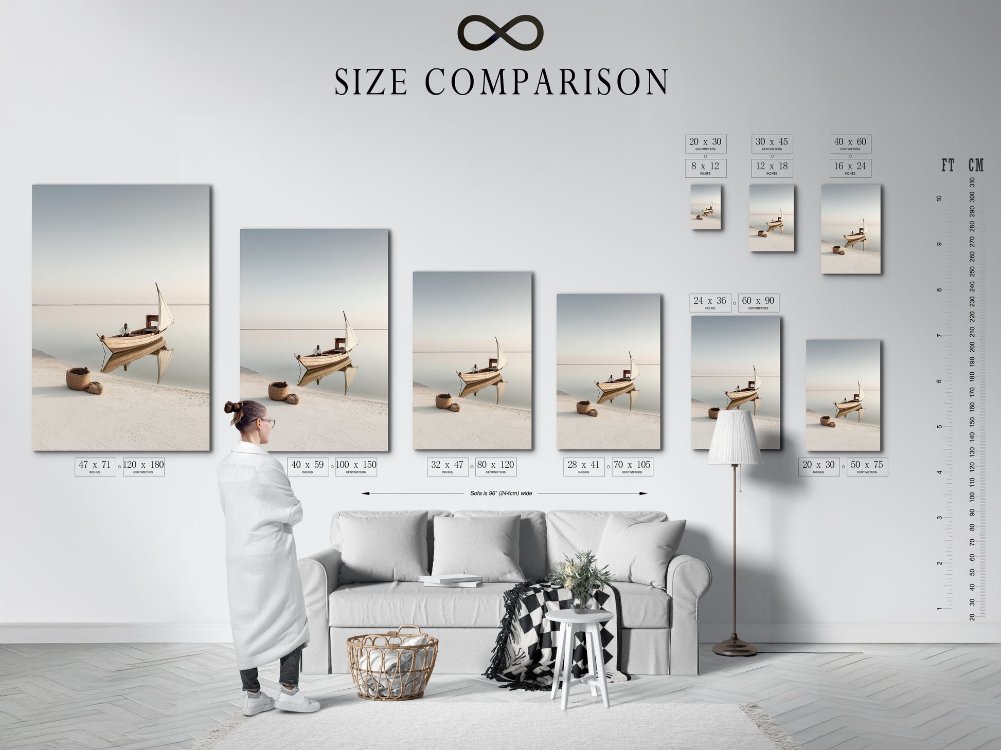 A size comparison chart displayed in an interior setting. Visualize how our coastal canvas prints fit in your space. Find the perfect size for your bedroom wall decor or living room art. Make the right choice.