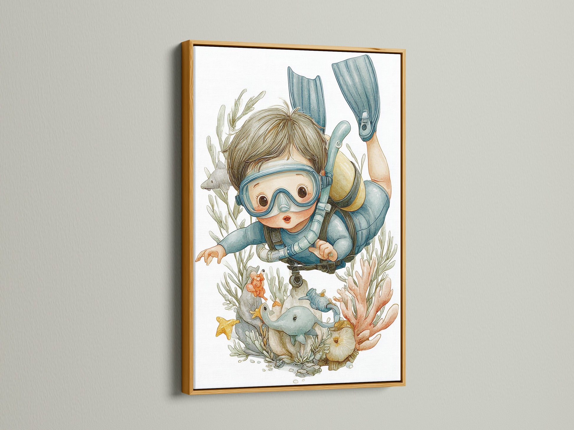The scuba diving kids art print is elegantly framed in gold. This ocean nursery art adds a touch of sophistication to your child's room. The underwater canvas captures the magic of the sea. Ideal for creating an adventure nursery with a stylish flair.