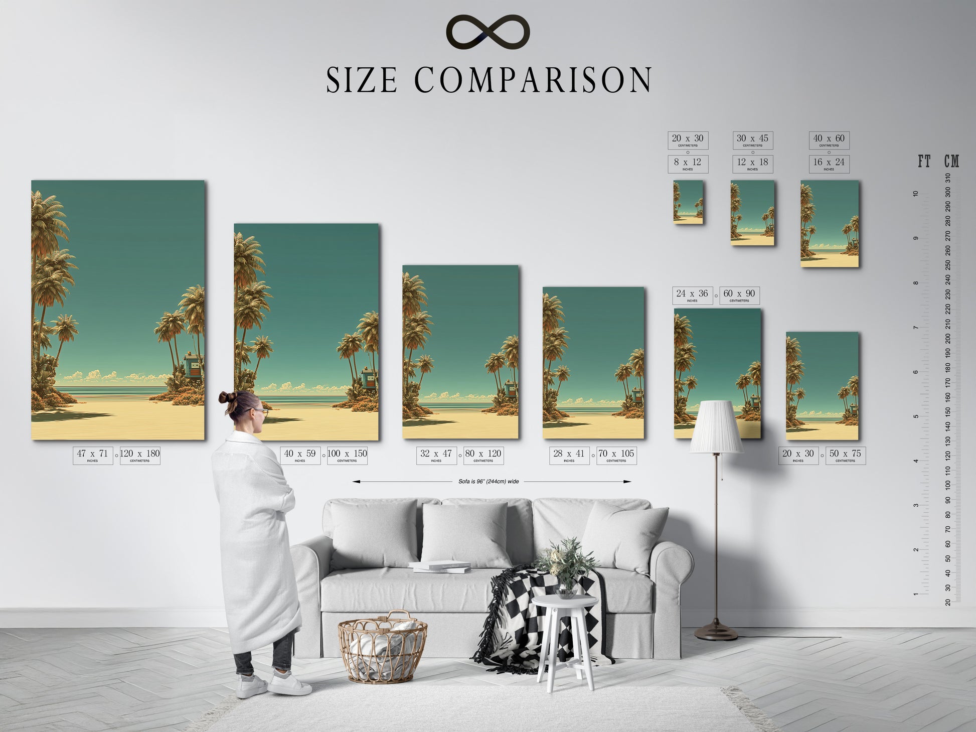 Size comparison chart in an interior setting. The chart shows various art print sizes. It helps you visualize the artwork in your space. Find the perfect size for your walls with our comparison chart.