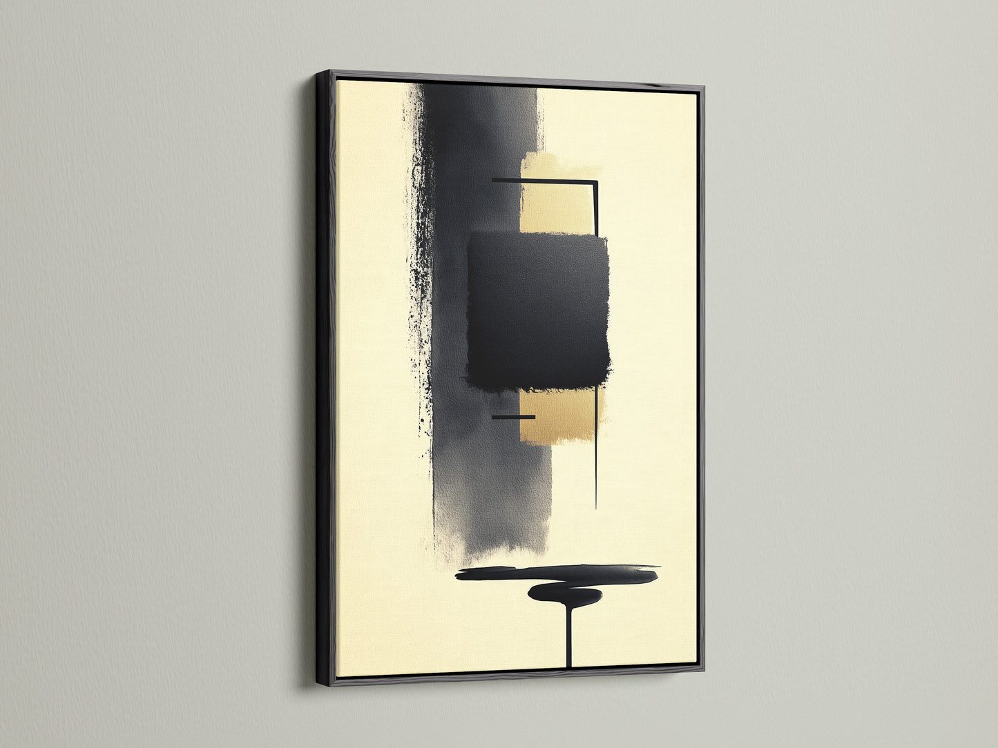 Abstract Shapes Beige and Black Artwork in a black frame. This geometric print is a modern canvas art piece. This artwork adds a touch of elegance to any room. Perfect for office wall decor or as a minimalist statement piece. Elevate your space with this contemporary art. Available in various sizes to suit your needs.