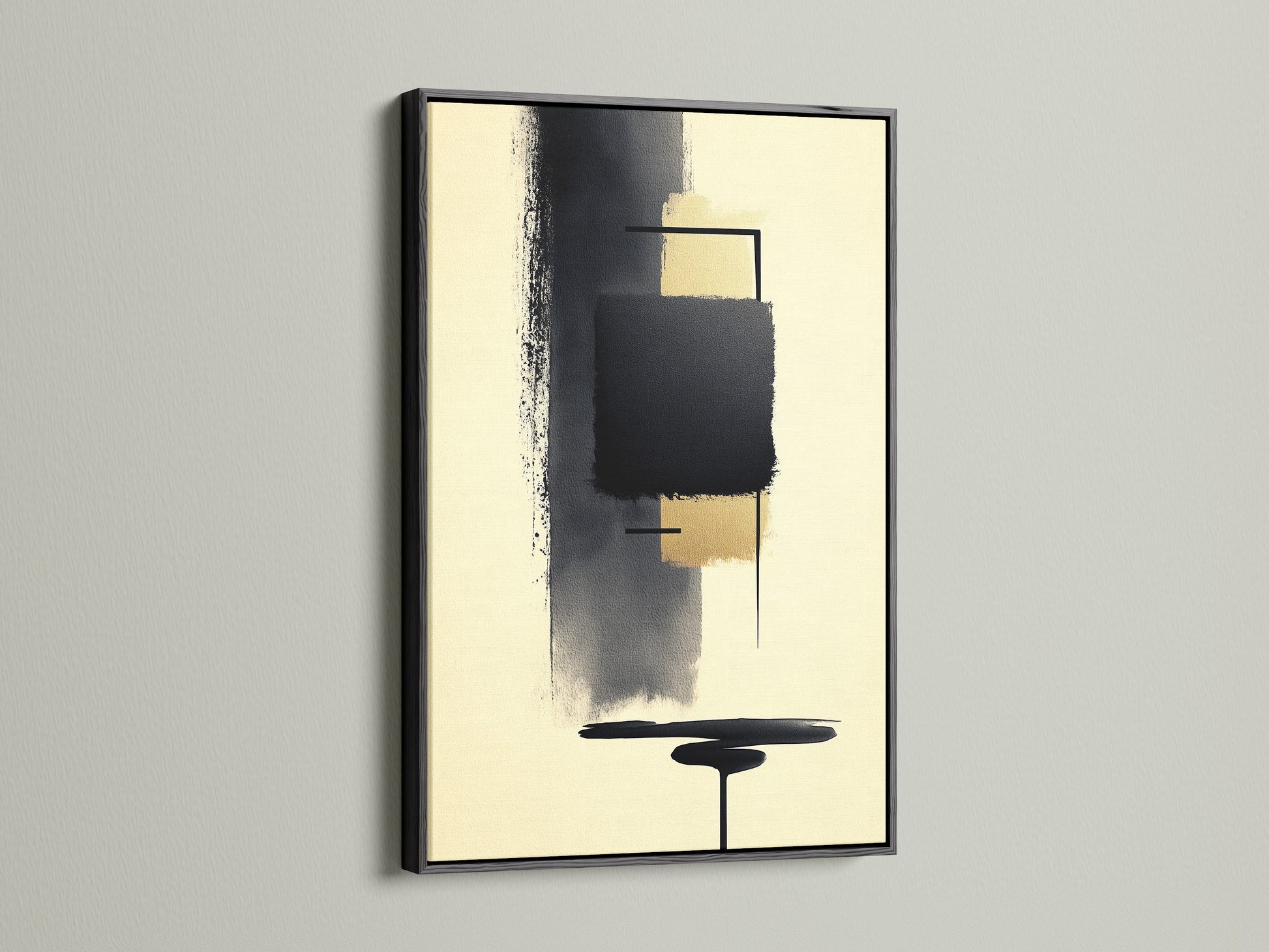 Abstract Shapes Beige and Black Artwork in a black frame. This geometric print is a modern canvas art piece. This artwork adds a touch of elegance to any room. Perfect for office wall decor or as a minimalist statement piece. Elevate your space with this contemporary art. Available in various sizes to suit your needs.