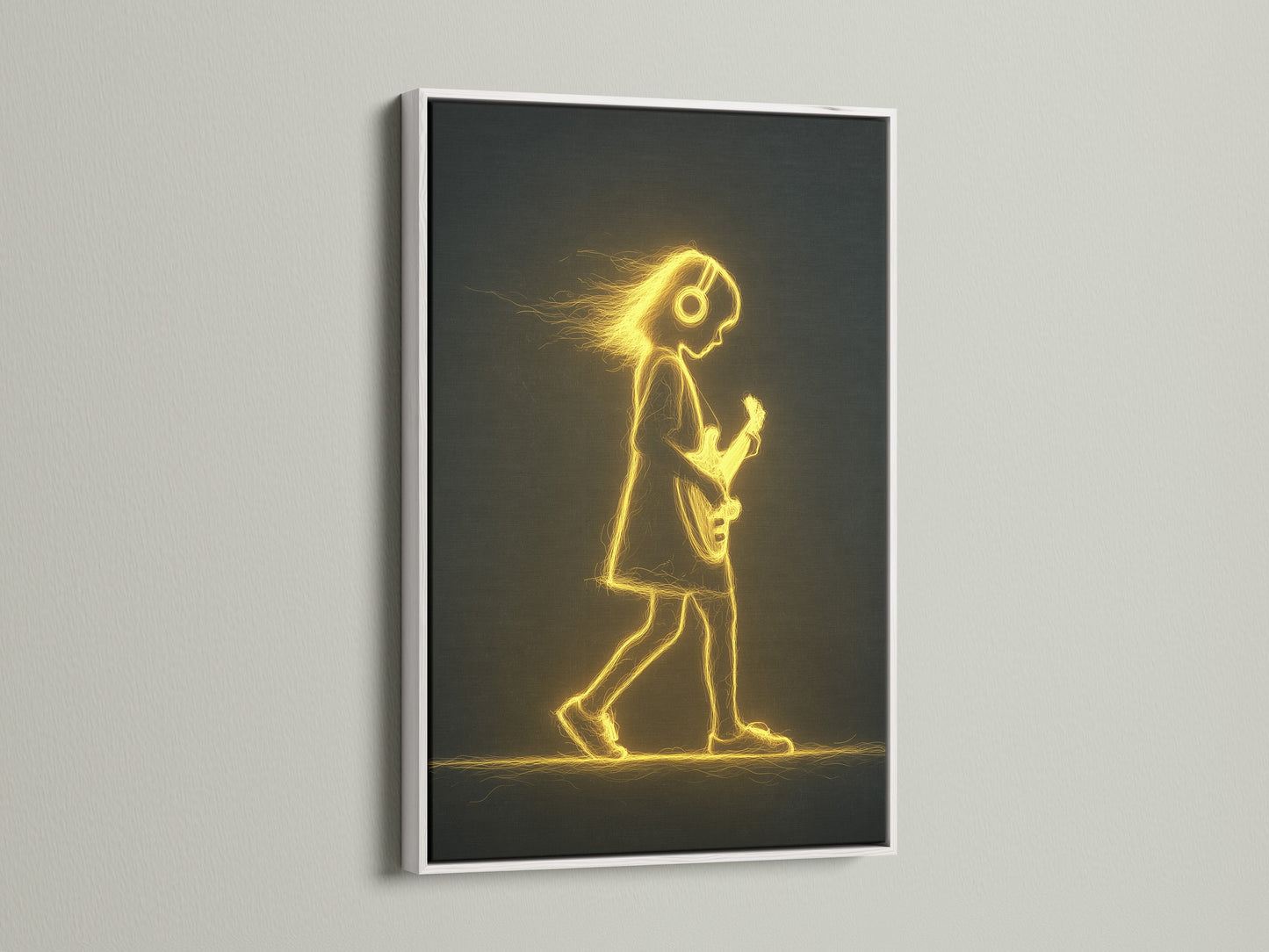 Check out the Guitar Player Canvas Art with a white frame. The electric guitar art makes a statement. It is suitable for a music studio. It is also great for a band room. This golden light art is contemporary.