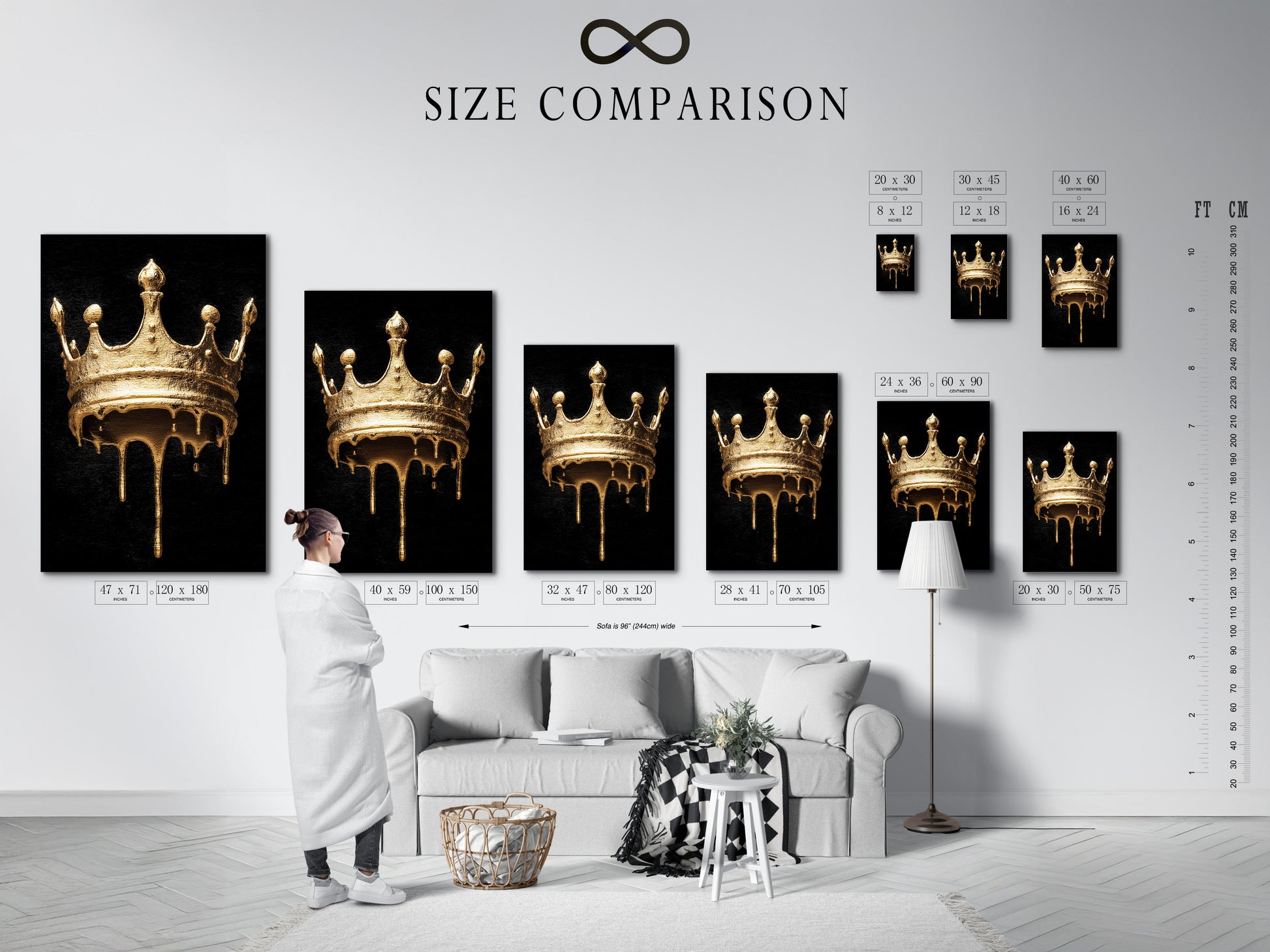 A size comparison chart of the Melting Crown artwork in an interior setting. See how this gold black decor fits into various spaces. Transform your walls with dramatic wall art. Ideal for eclectic styles.
