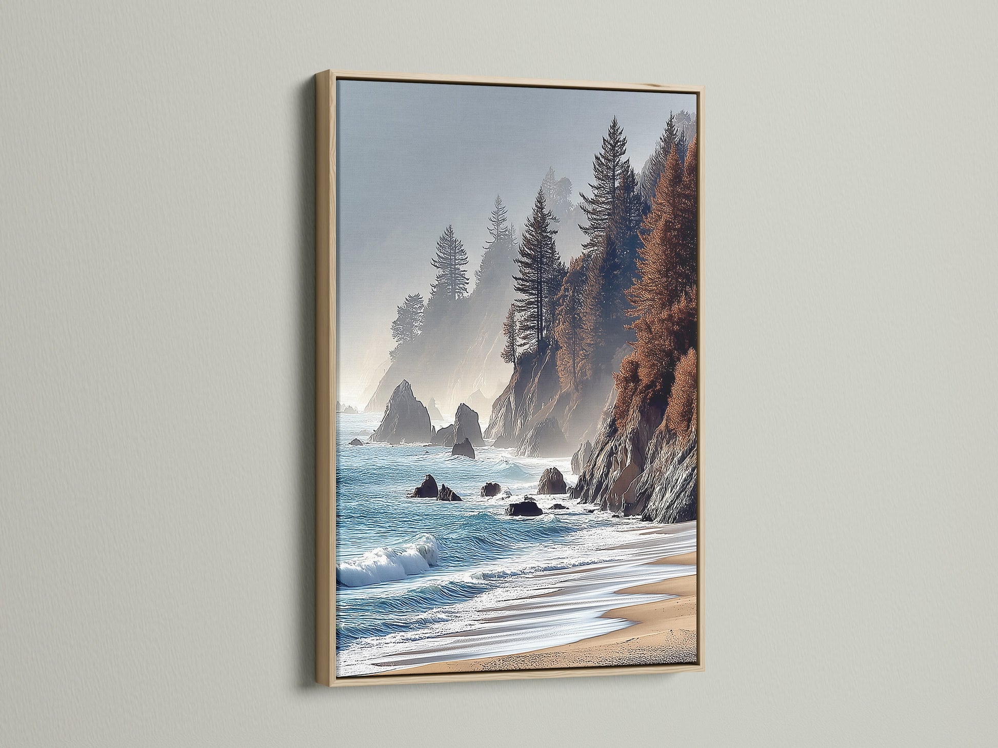 Coastal Scenery Canvas Print with an Oak Frame. Experience the beauty of the ocean with this cliffside decor artwork. This warm tone seascape print brings a beachy vibe to any space. Ideal for homeowners and interior decorators