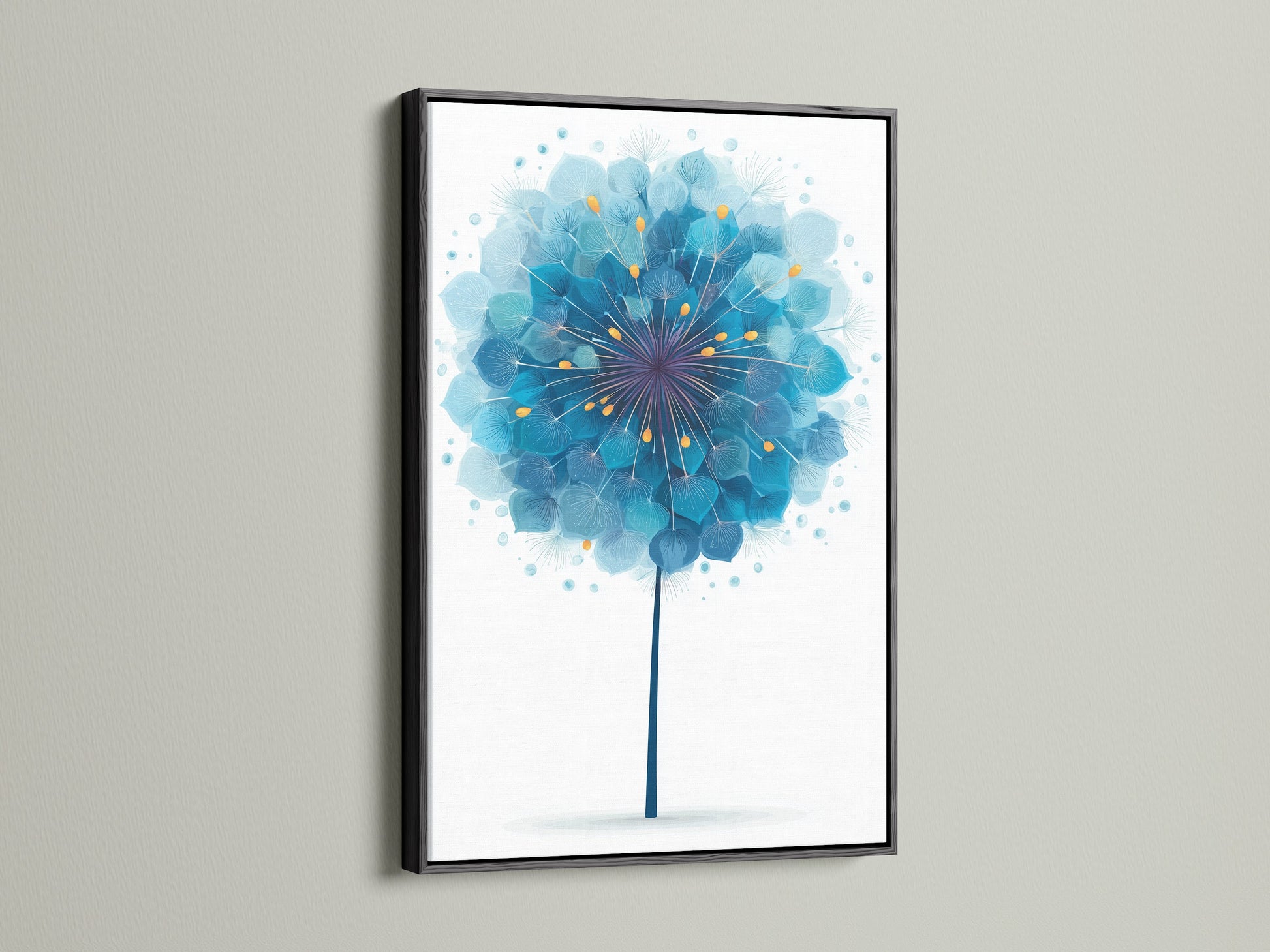 This black frame contrasts elegantly with the blue dandelion artwork. The flower artwork stands out. It is a striking piece of modern home decor. Add a touch of sophistication with this floral canvas art.