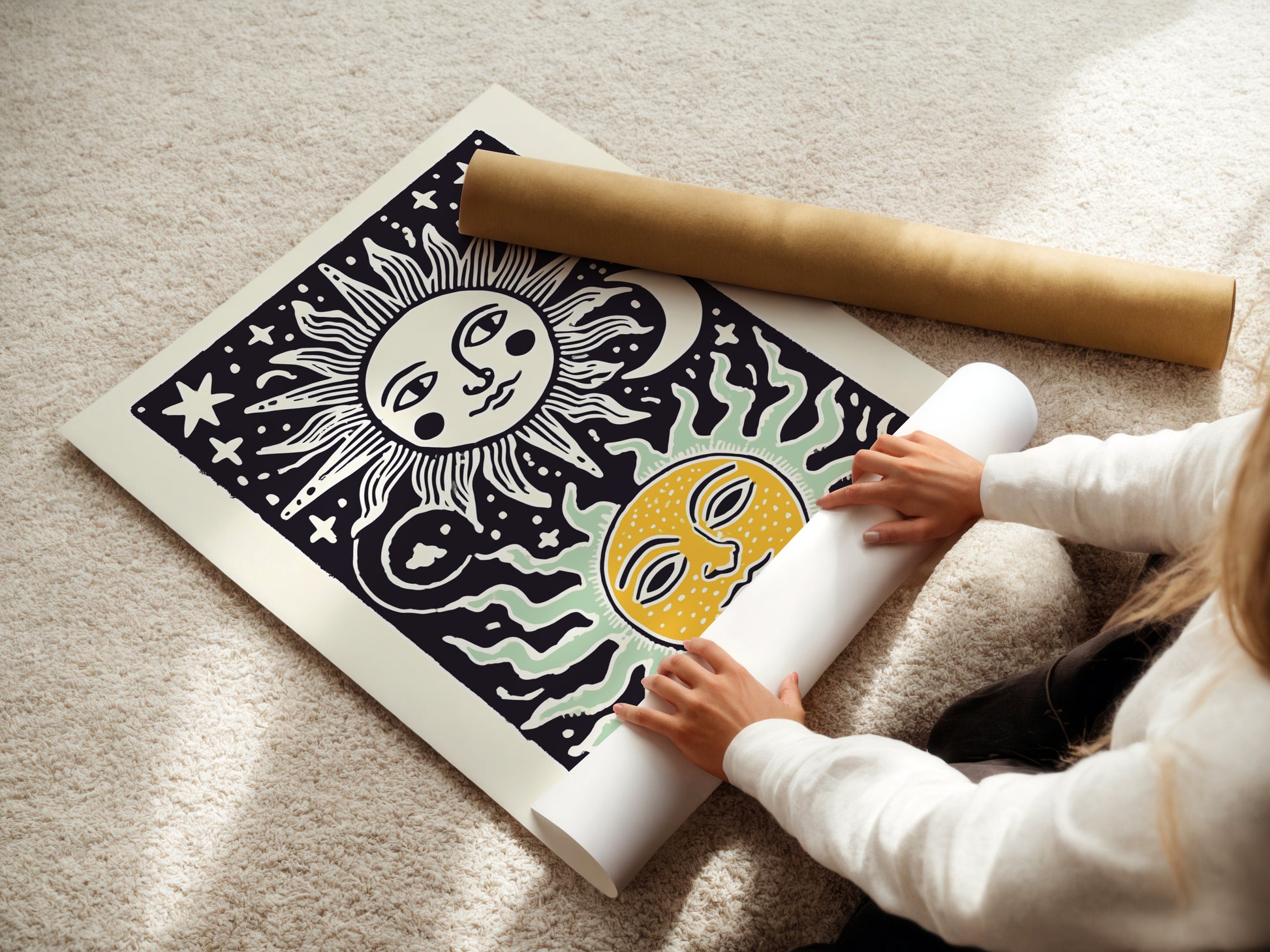 A woman rolls fine art poster paper. She handles the paper with care. The poster paper is high quality. She prepares the artwork for framing. The art will soon be displayed. The woman ensures smooth rolling.