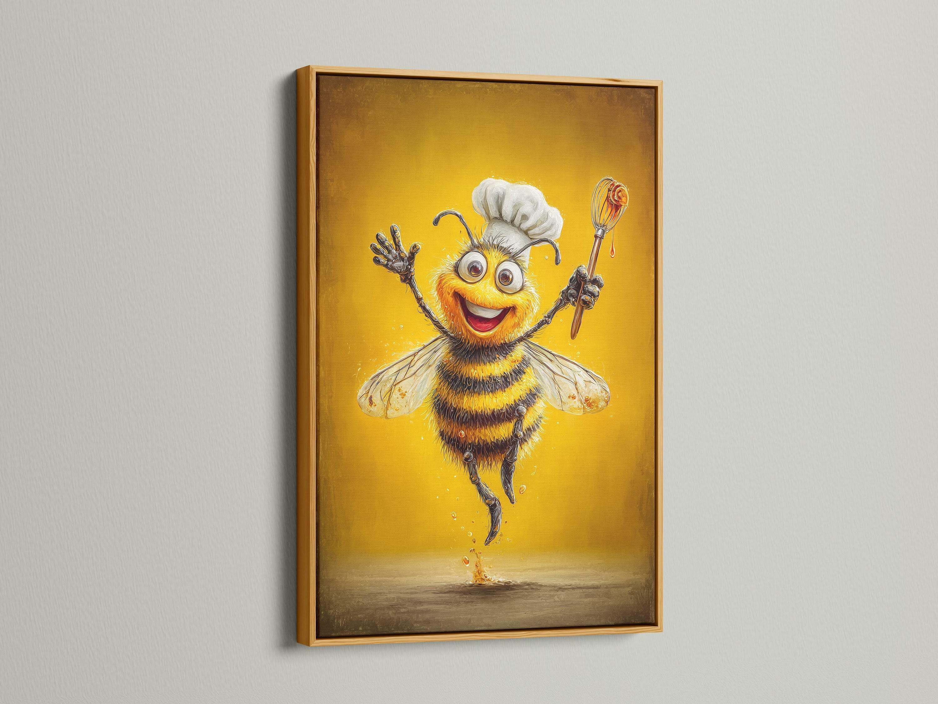 Chef Bee artwork in a gold floating frame. This culinary wall art brightens your space. It's perfect for breakfast nooks. Bring joy with this whimsical bee print and funny food art.