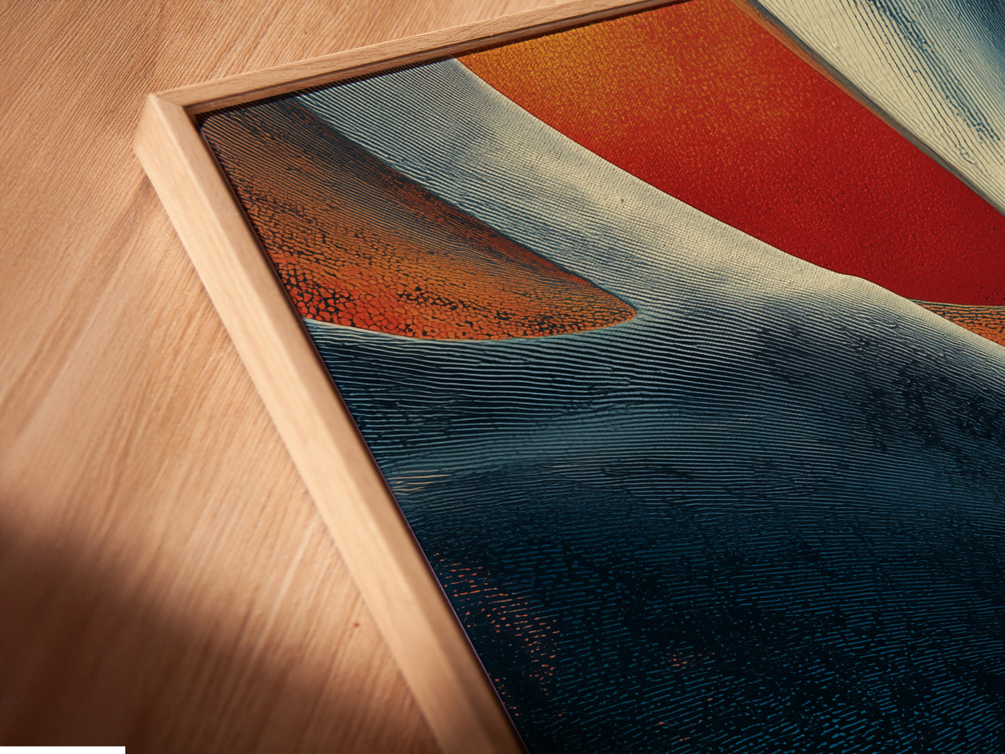 A close-up angled view of a canvas print in a floating frame. The floating frame gives the artwork a modern and sophisticated look. The canvas print is stretched and ready to hang. Perfect for contemporary spaces.