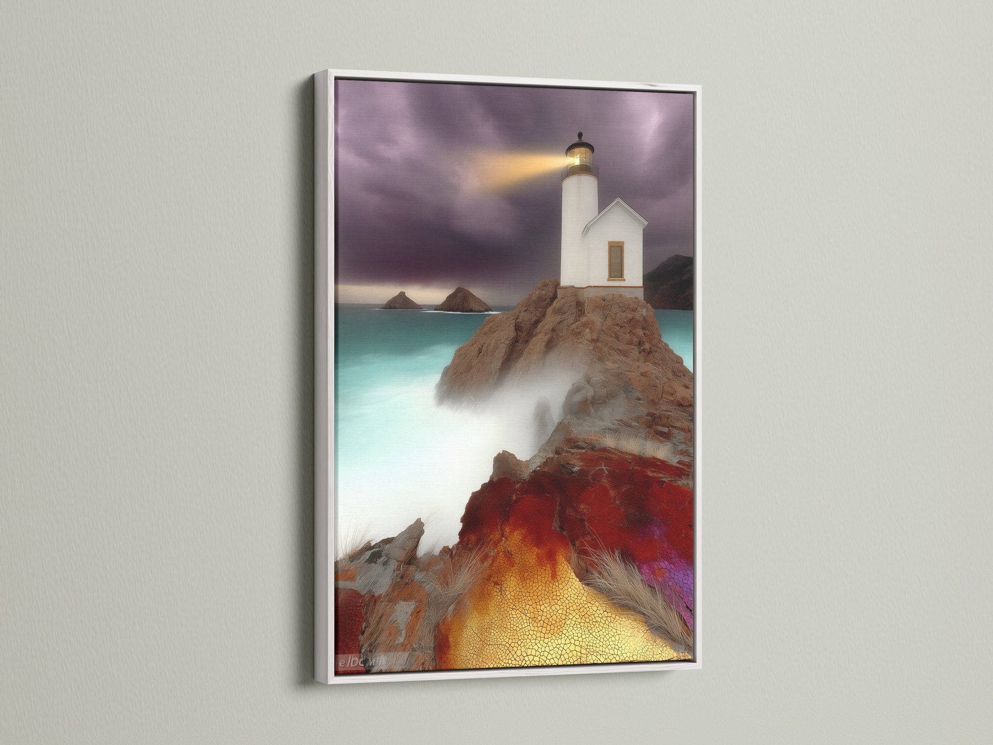 Lighthouse coastal artwork in a white frame. This piece brings a fresh and airy feel. The white frame highlights the coastal scenery. Ideal for beach themed art. Discover our nautical prints today.