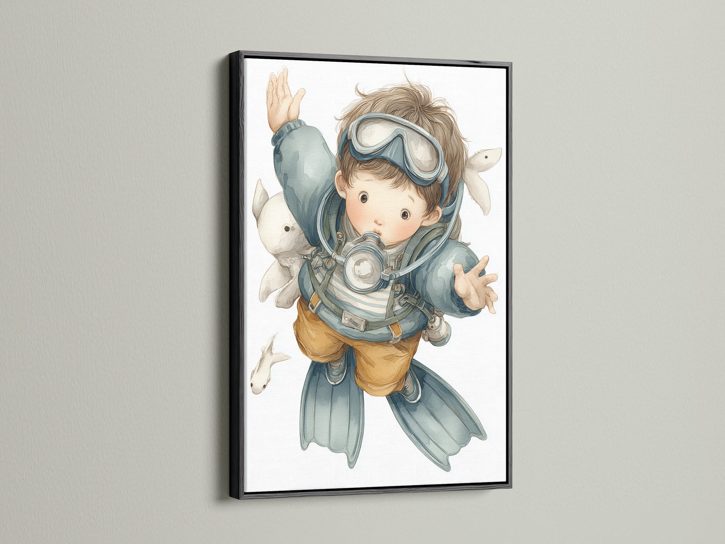 A captivating scuba diver art print is presented in a sleek black frame. This artwork is a great addition to a kids room with nautical wall decor. The black frame adds a modern touch to this ocean themed art. Perfect for creating an educational environment for children.