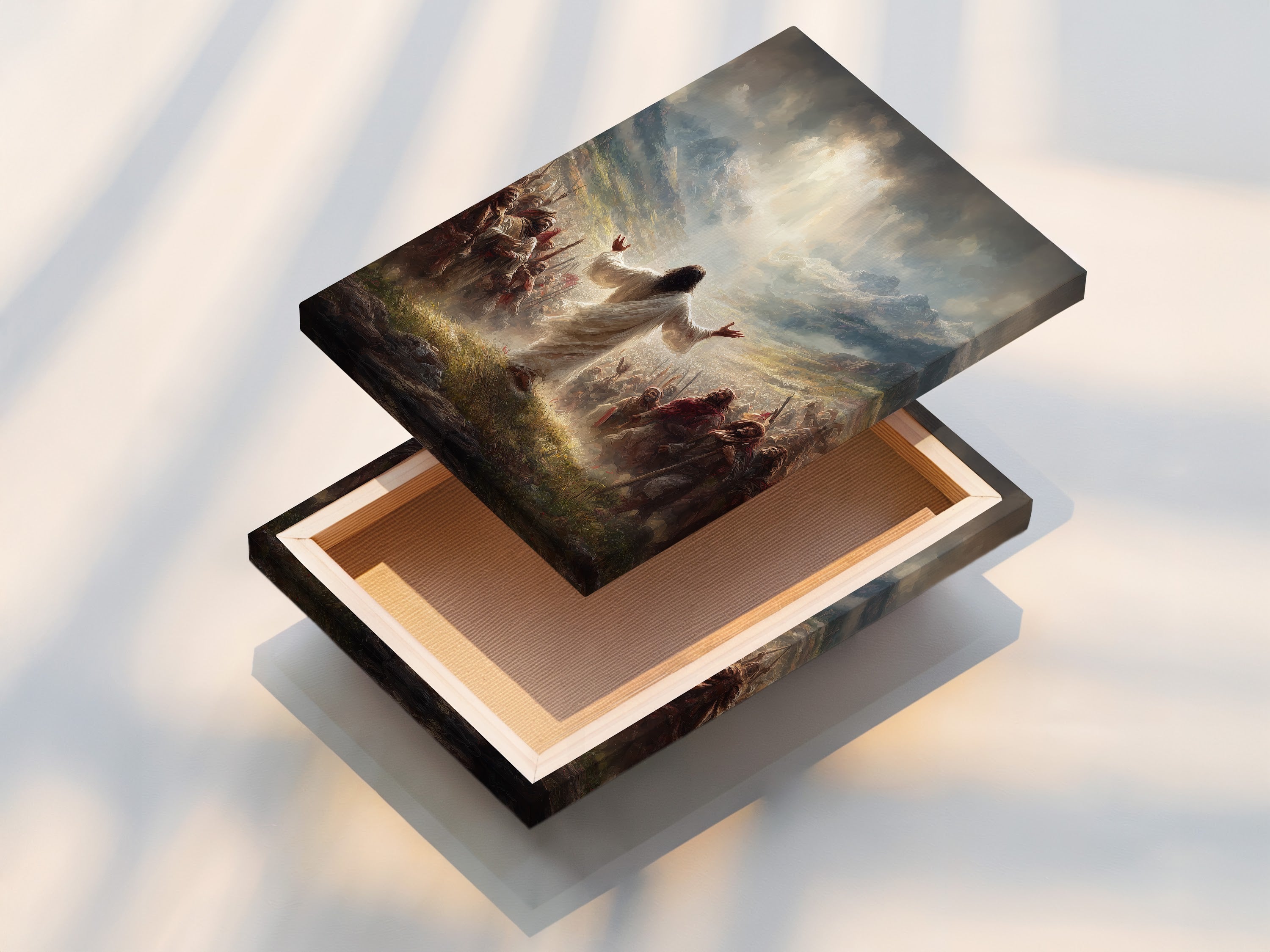 A stretched canvas print is displayed. Ready to hang and elevate your space. Perfect for christian home art. Discover our range of spiritual decor options for every style and need.