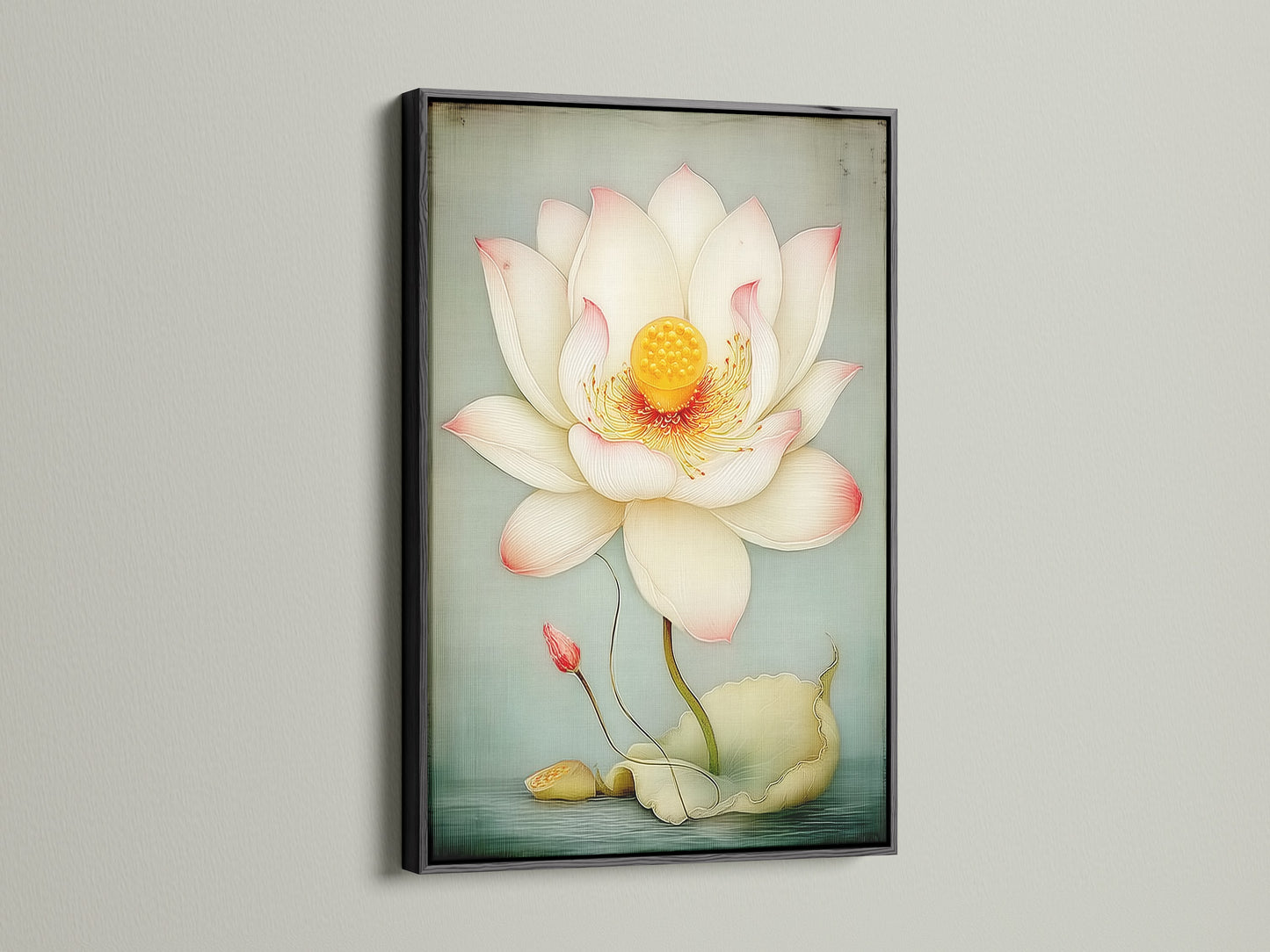 A Lotus Flower canvas print is presented in a black frame. This botanical artwork adds a sophisticated touch. The black frame contrasts beautifully with the lotus flower. Ideal for creating a focal point in living rooms. It complements various decor styles.