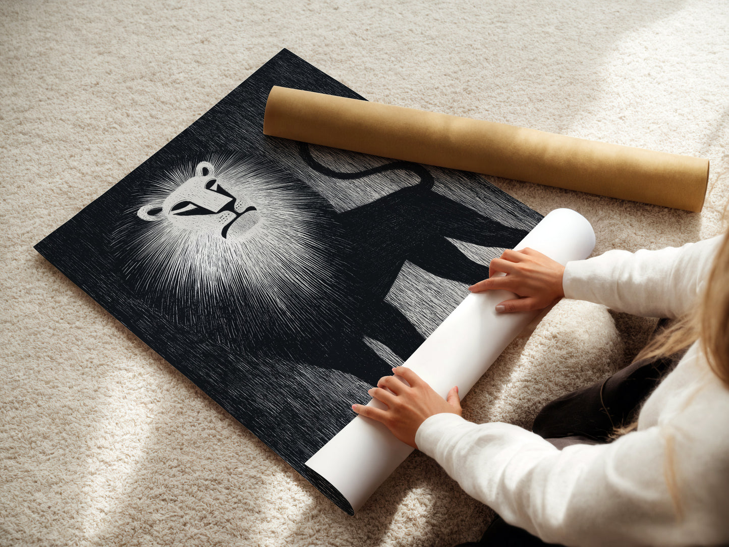 A woman carefully rolls a fine art poster paper. The action showcases the delicate nature of the material. The poster paper is ready for framing or display. Discover the beauty of fine art prints.