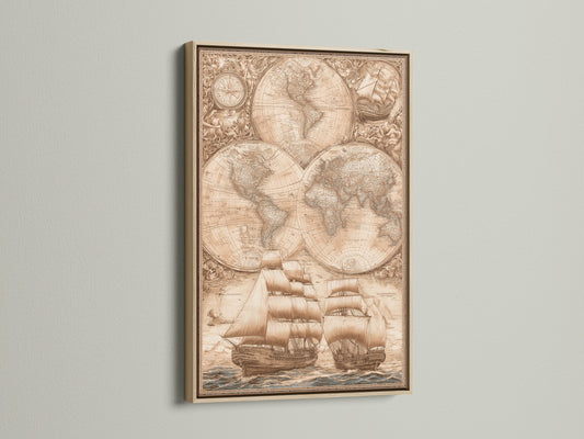 A sepia-toned world map artwork featuring vintage ships is framed in oak. The oak frame enhances the artwork's warmth. It brings out the intricate details. This framed artwork adds a nautical touch to your decor. Consider an oak frame for your next art piece.