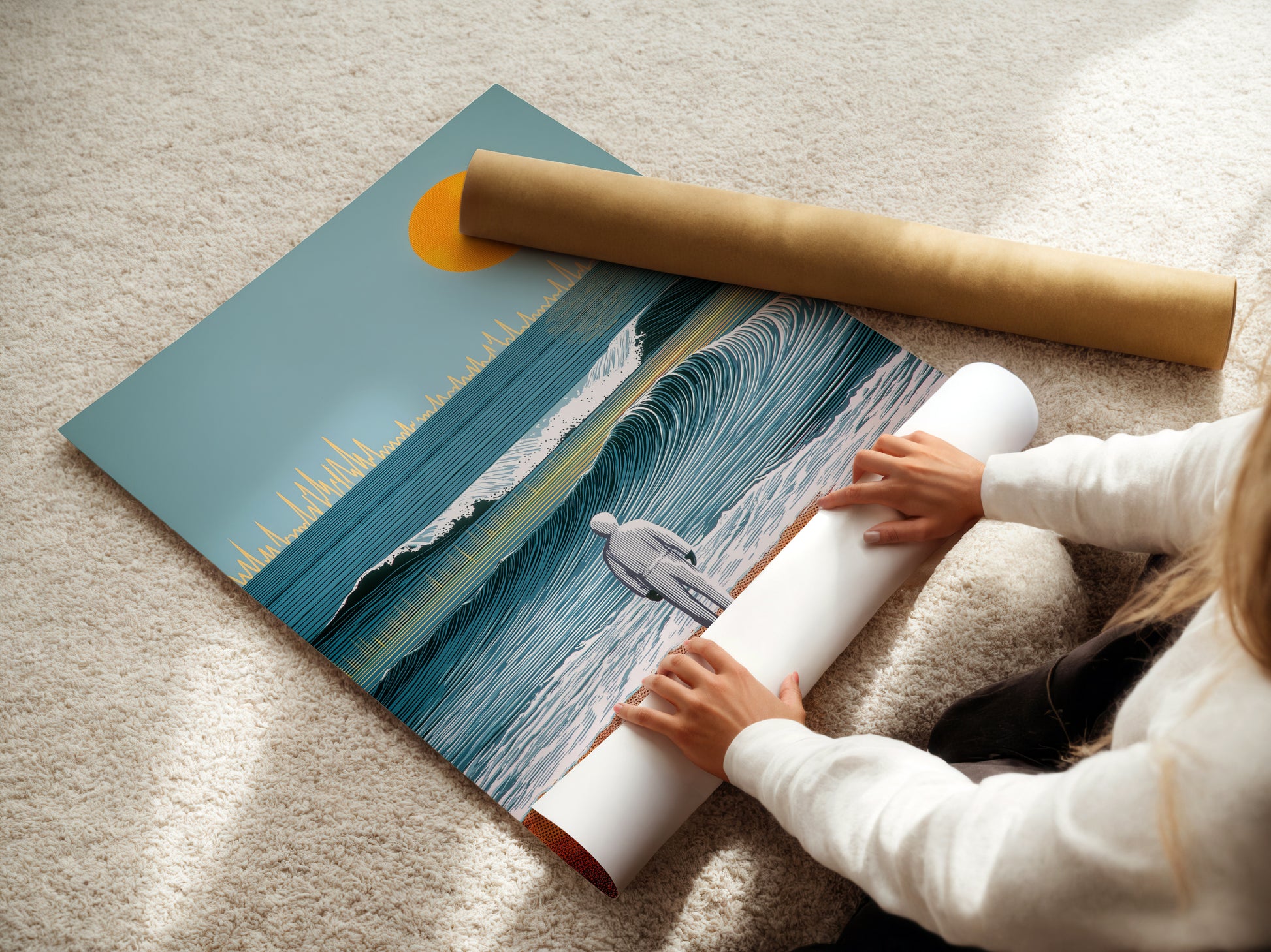 A woman carefully rolling a fine art poster paper. This showcases the quality and care in our artwork. Our ocean sunset artwork is available on premium paper. Ideal for detailed wave illustrations and beach artwork