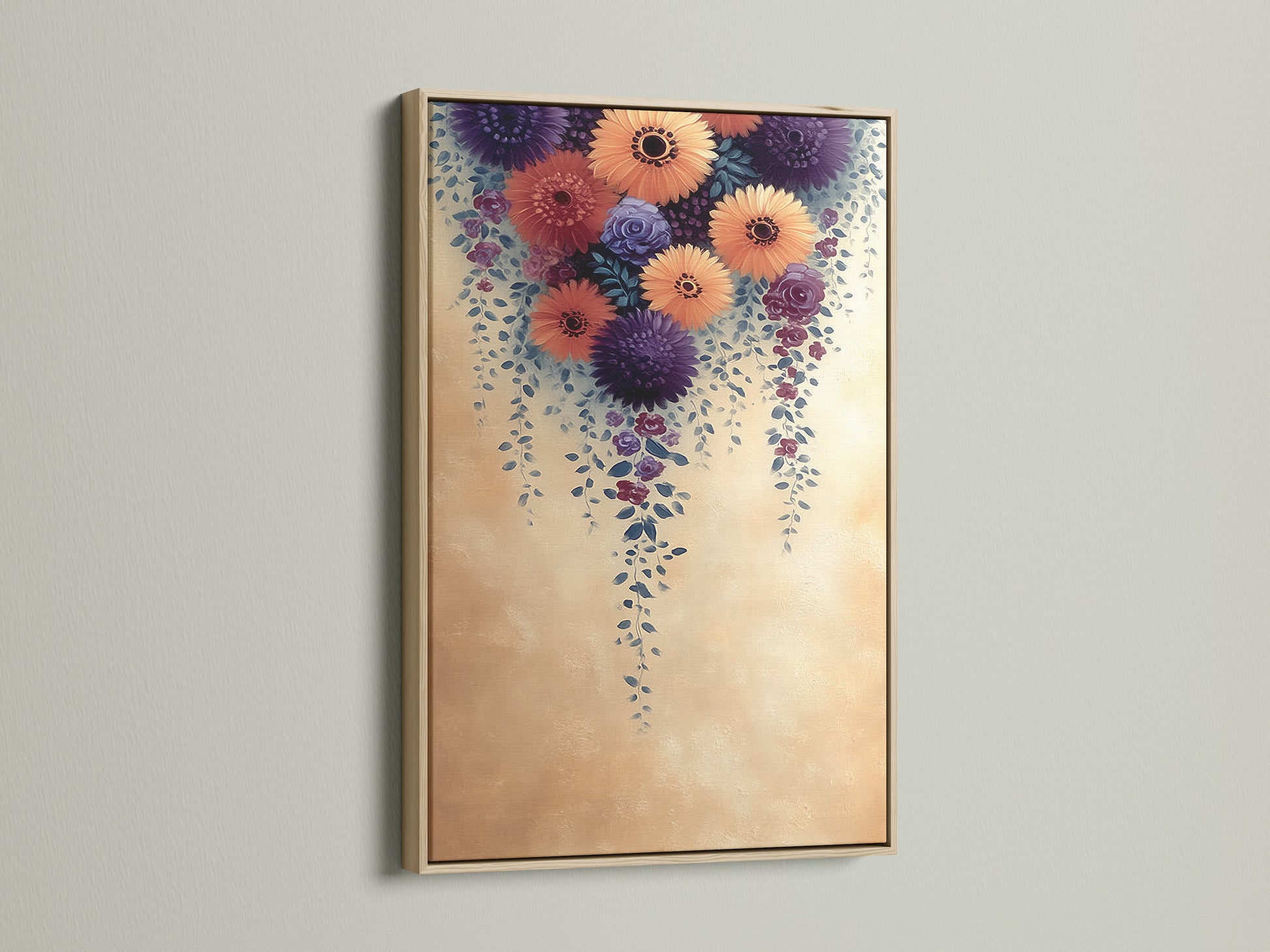 The Floral Cascade Canvas Print is framed in a light oak. Perfect for showcasing purple and peach flower artwork. This botanical wall decor elevates minimalist Scandinavian or eclectic styles. Perfect for living rooms and bedrooms