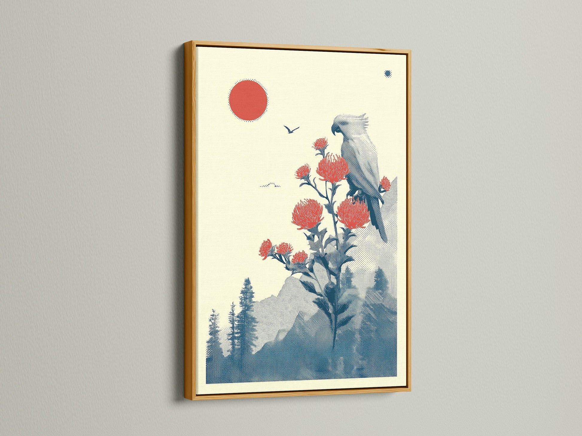 Japanese Bird Artwork with Red Sun in a Gold Frame. Add a touch of elegance with this vintage bird print. The gold frame enhances the oriental art's beauty. Perfect for living rooms.