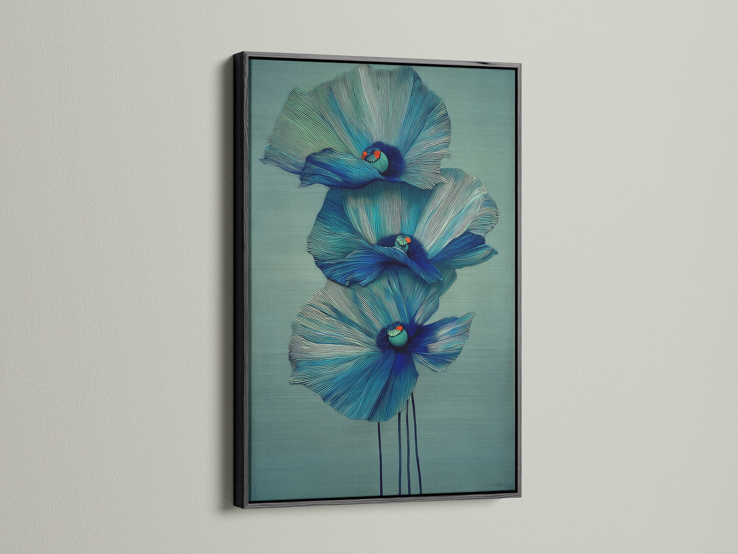 The modern botanical print is elegantly framed in black. This teal wall art is perfect for creating a sophisticated look. Find the ideal flower artwork for your office. Enhance your home with our fine art prints.