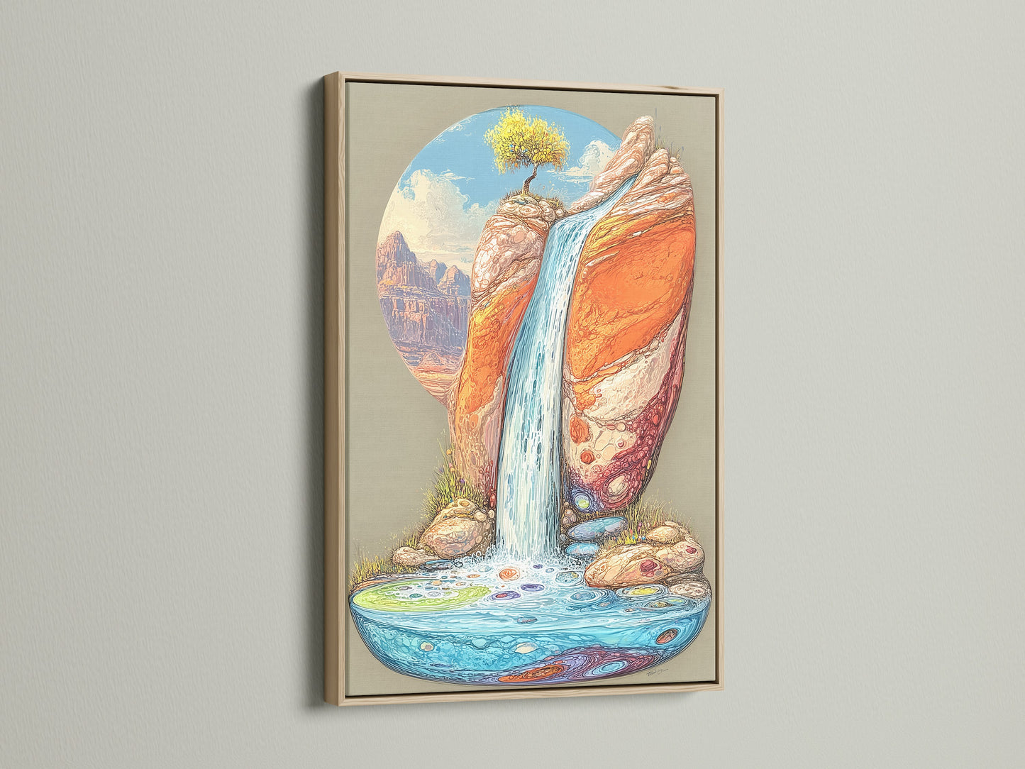 This desert waterfall artwork is presented in an oak frame. The canyon landscape print captures the essence of southwestern art. Perfect boho wall decor for adding a natural touch to your living space. The artwork features orange and blue as primary colors.