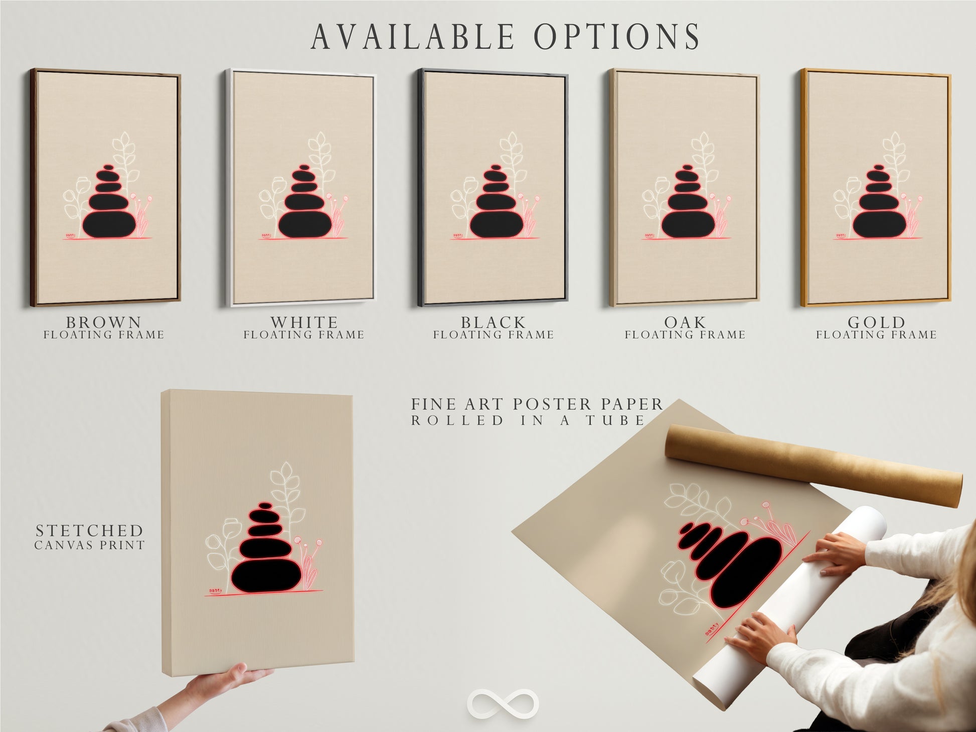 Explore available options for Zen Stones artwork. Choose from stretched canvas prints fine art poster paper or floating frames. This beige minimalist piece is perfect for spa decor and calming bathroom artwork.  Find your zen.