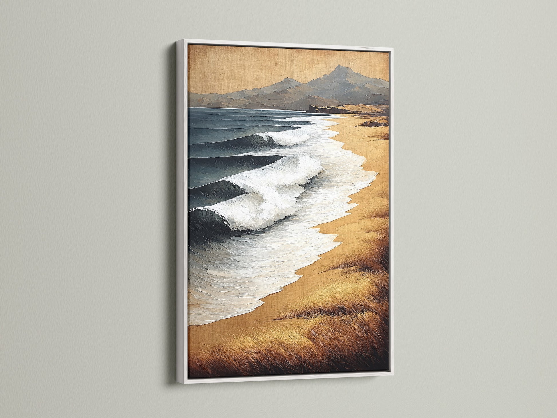 Transform your living space with our calming seascape artwork. Encased in a white frame this ocean wave print brings a fresh feel to any room. Ideal for coastal decor styles. This beach canvas print adds a serene touch to your home. Enjoy the tranquility of the sea with this beautiful piece.