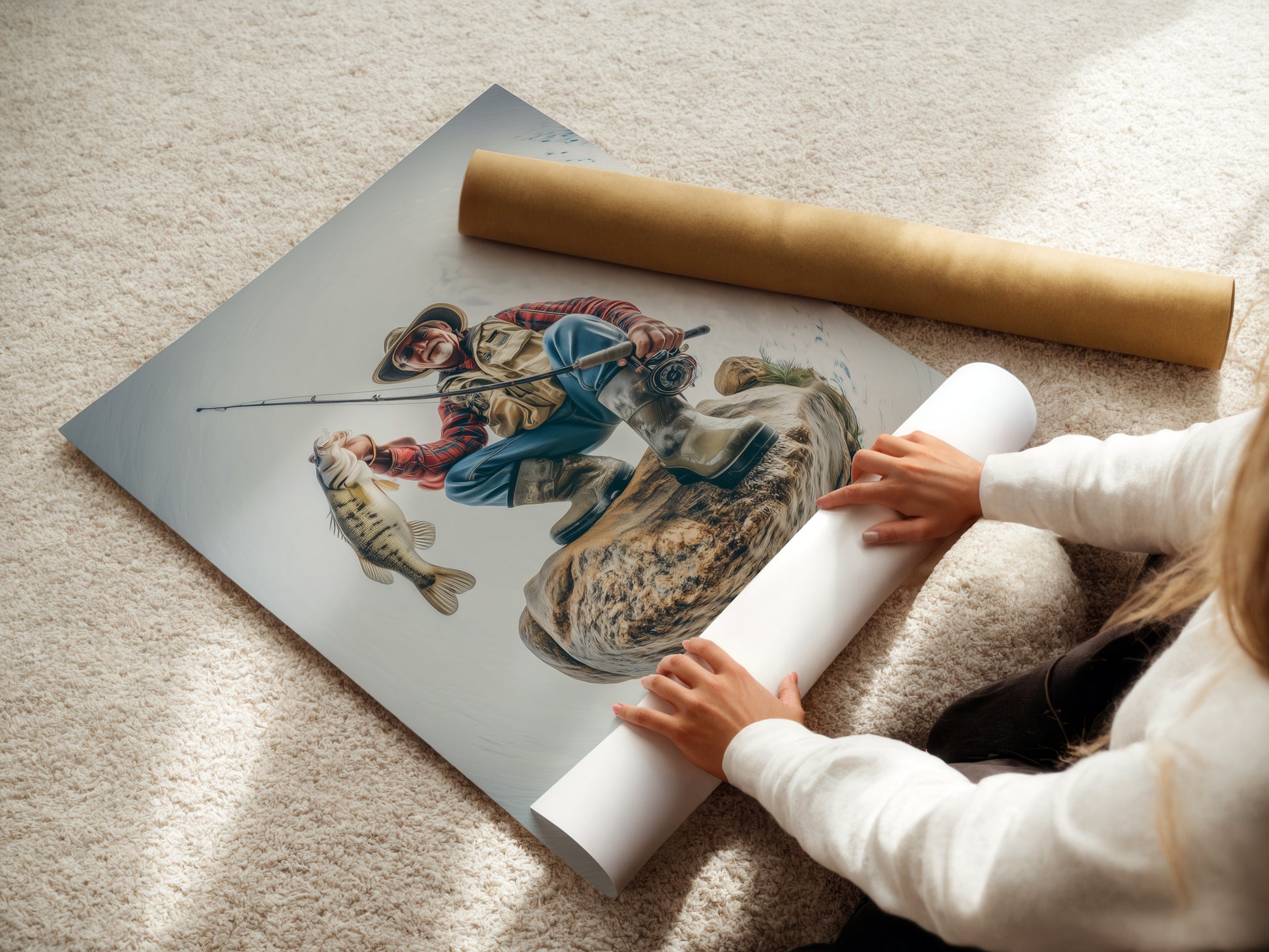 A woman carefully rolls a fine art poster paper. Preparing it for framing or display. This high-quality poster paper ensures vibrant colors and sharp details. Protect your artwork with this premium paper. Order now and preserve your art!