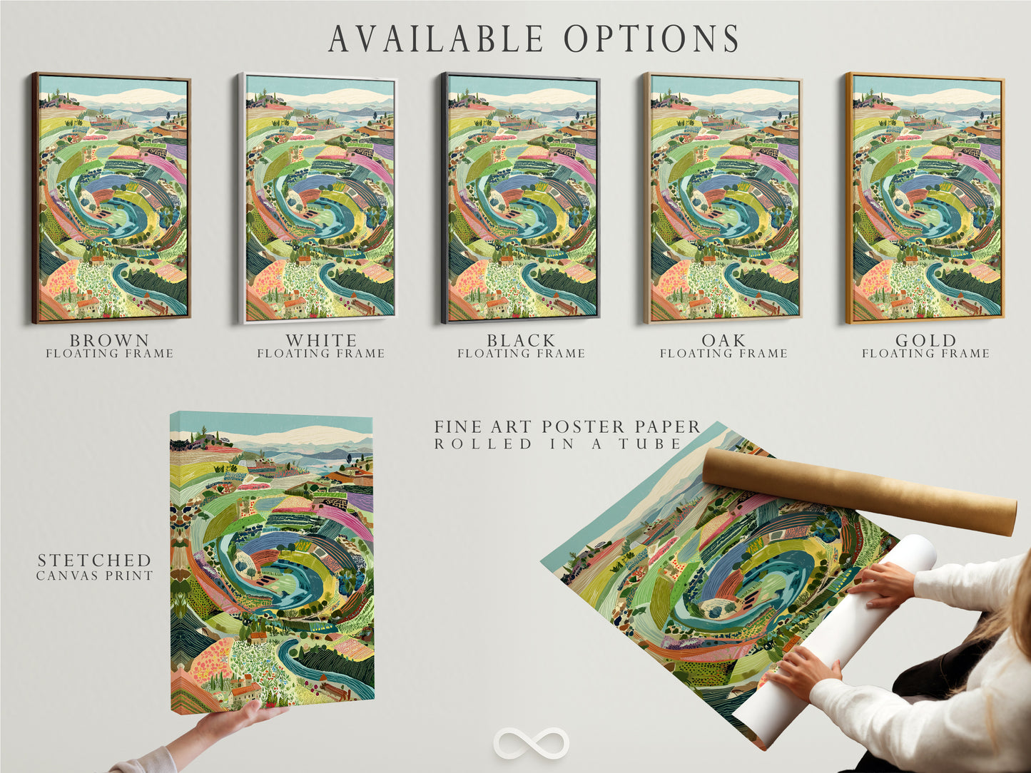 Available options include a stretched canvas print a fine art poster paper and a floating frame. The artwork is an Italian Landscape. The Tuscan countryside is the perfect farmhouse wall art.