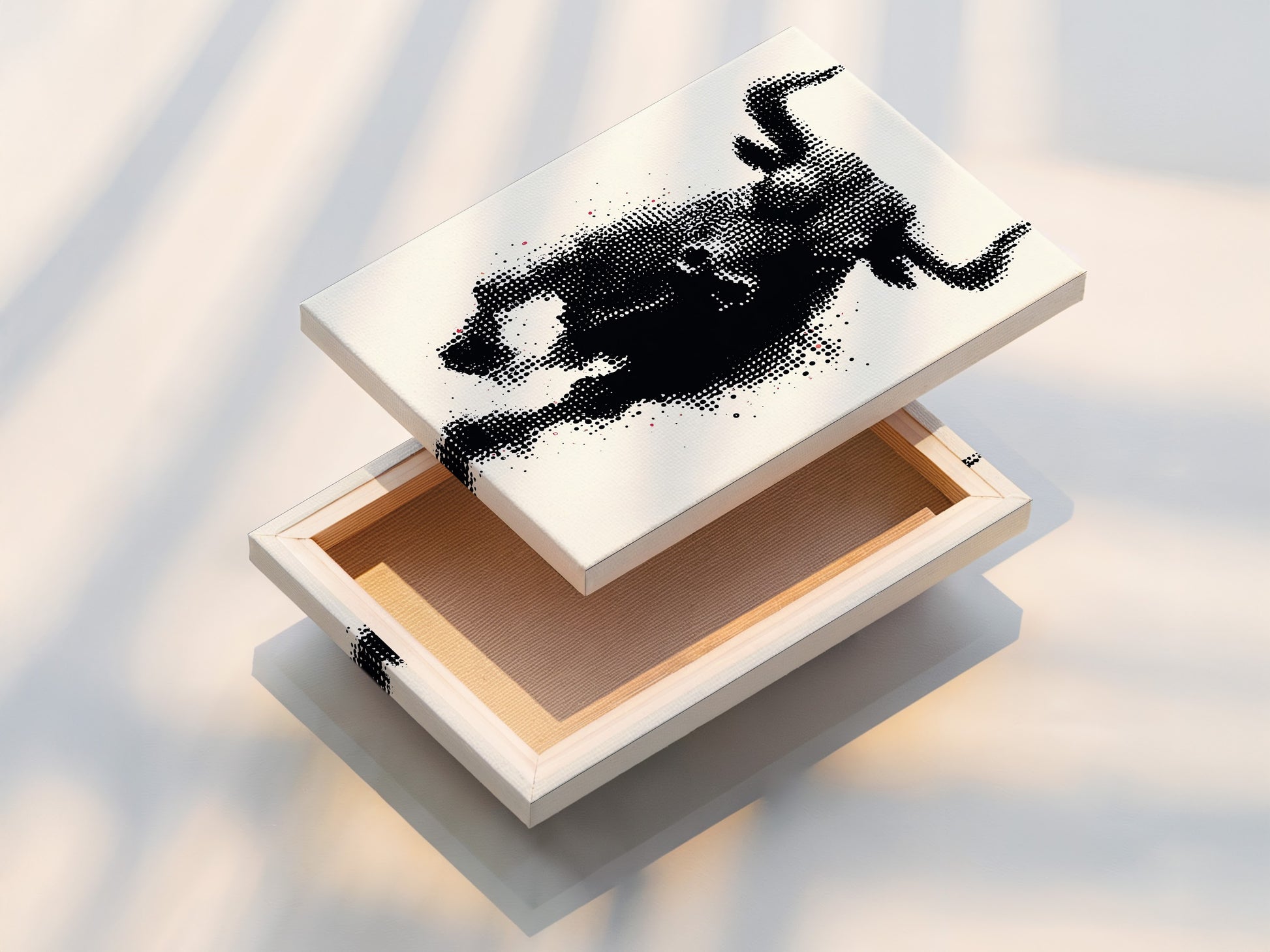 A stretched canvas print ready to hang. The bull artwork features a modern halftone print. The stretched canvas provides a clean and professional look. Perfect for modern farmhouse and minimalist decor. This animal canvas print adds sophistication to any room. Enhance your walls with high-quality artwork.
