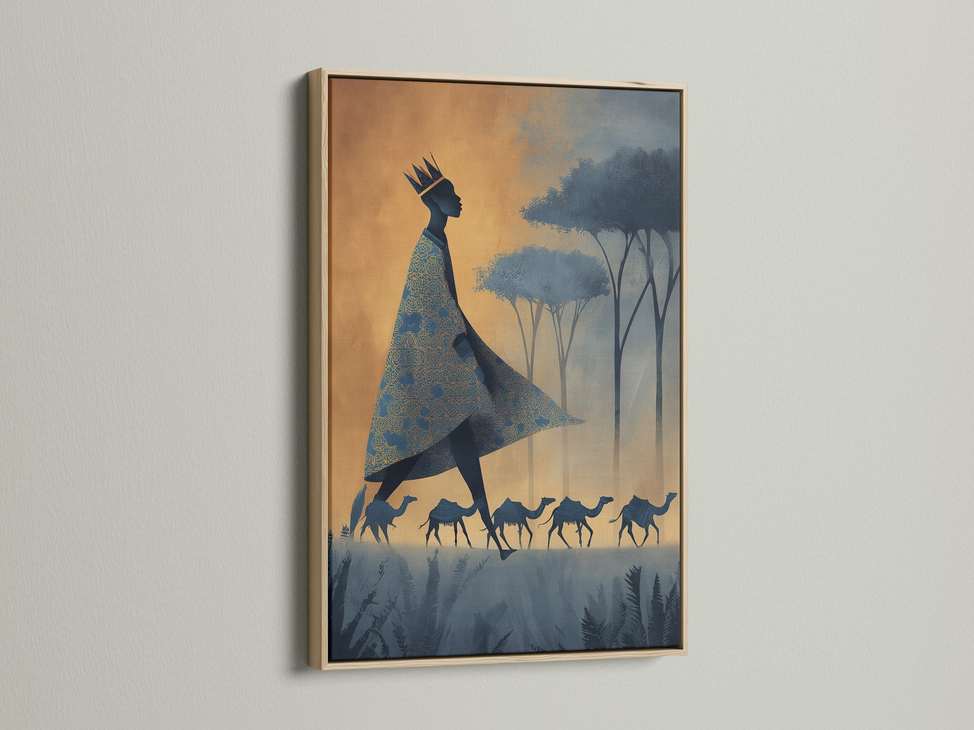 An oak frame enhances this striking artwork. It features a king queen or tribal leader. They are walking with camels beneath silhouetted trees. The artwork adds sophistication to this space. Discover the beauty of framed art