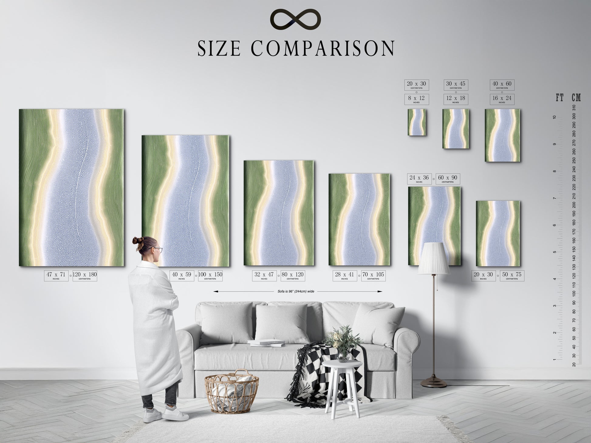 Size comparison chart in an interior setting. The chart helps visualize the artwork's dimensions. The abstract river artwork is available in various sizes. Find the perfect fit for your wall decor needs.