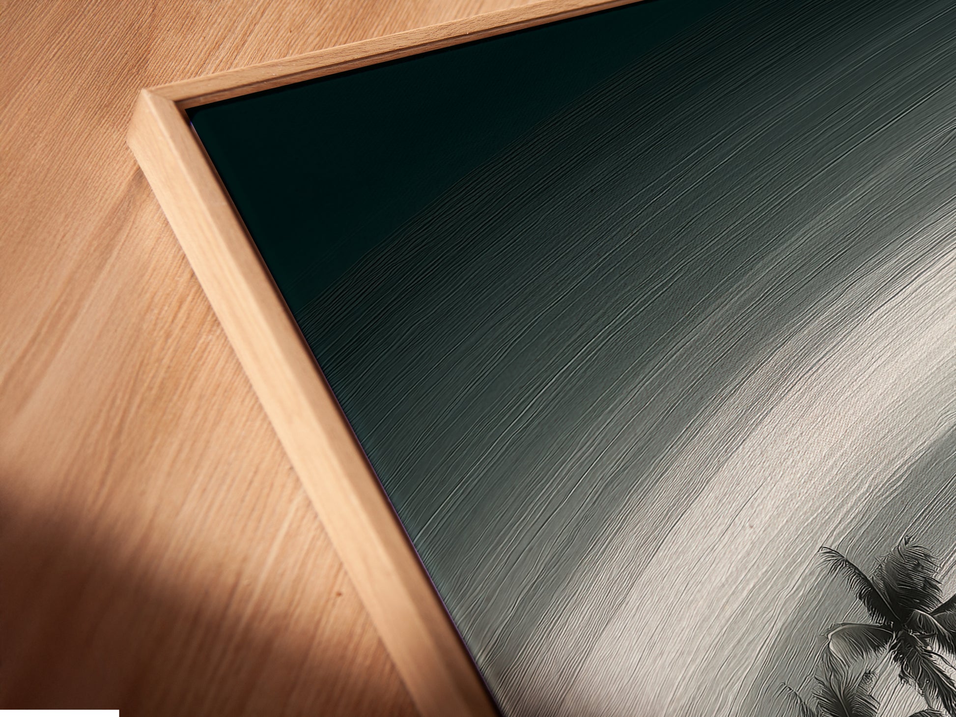 A close-up of the Coastal Village canvas print in a floating frame. The floating frame gives the artwork a modern and sophisticated look. This frame enhances the depth and texture of the artwork. It brings a gallery-like feel to your home decor.