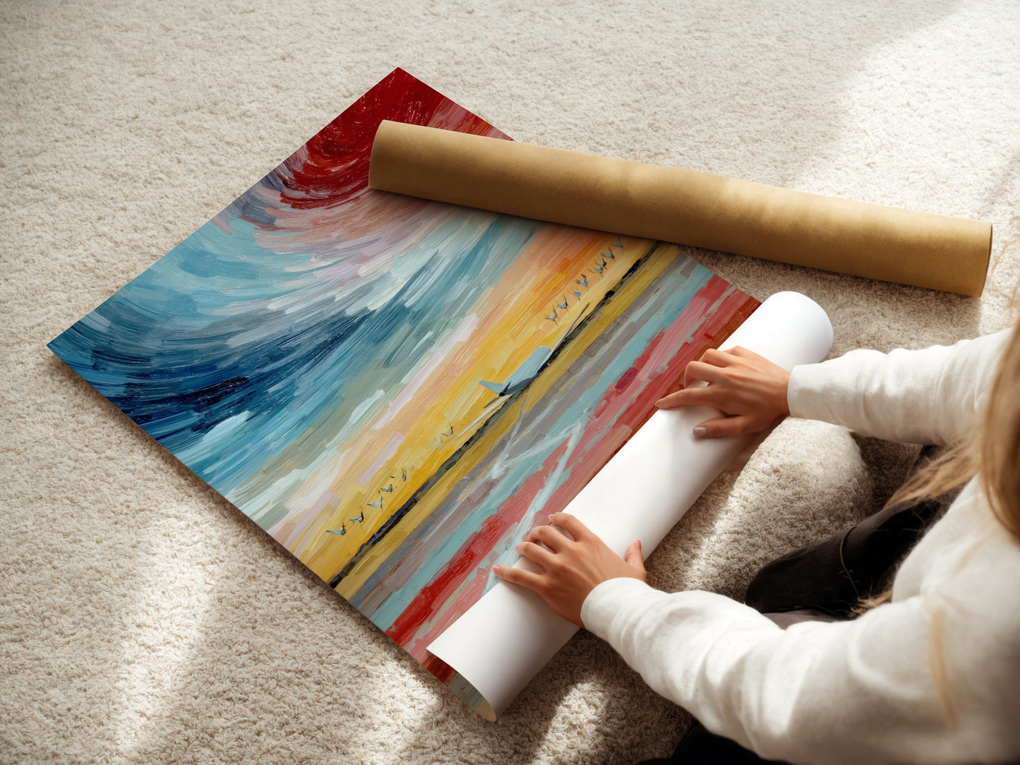 A woman rolls a fine art poster paper print. The airplane flight artwork is ready for framing. This sky canvas art can be displayed in various ways. Perfect for those who appreciate modern art prints. This aviation print makes a thoughtful aviation gift.
