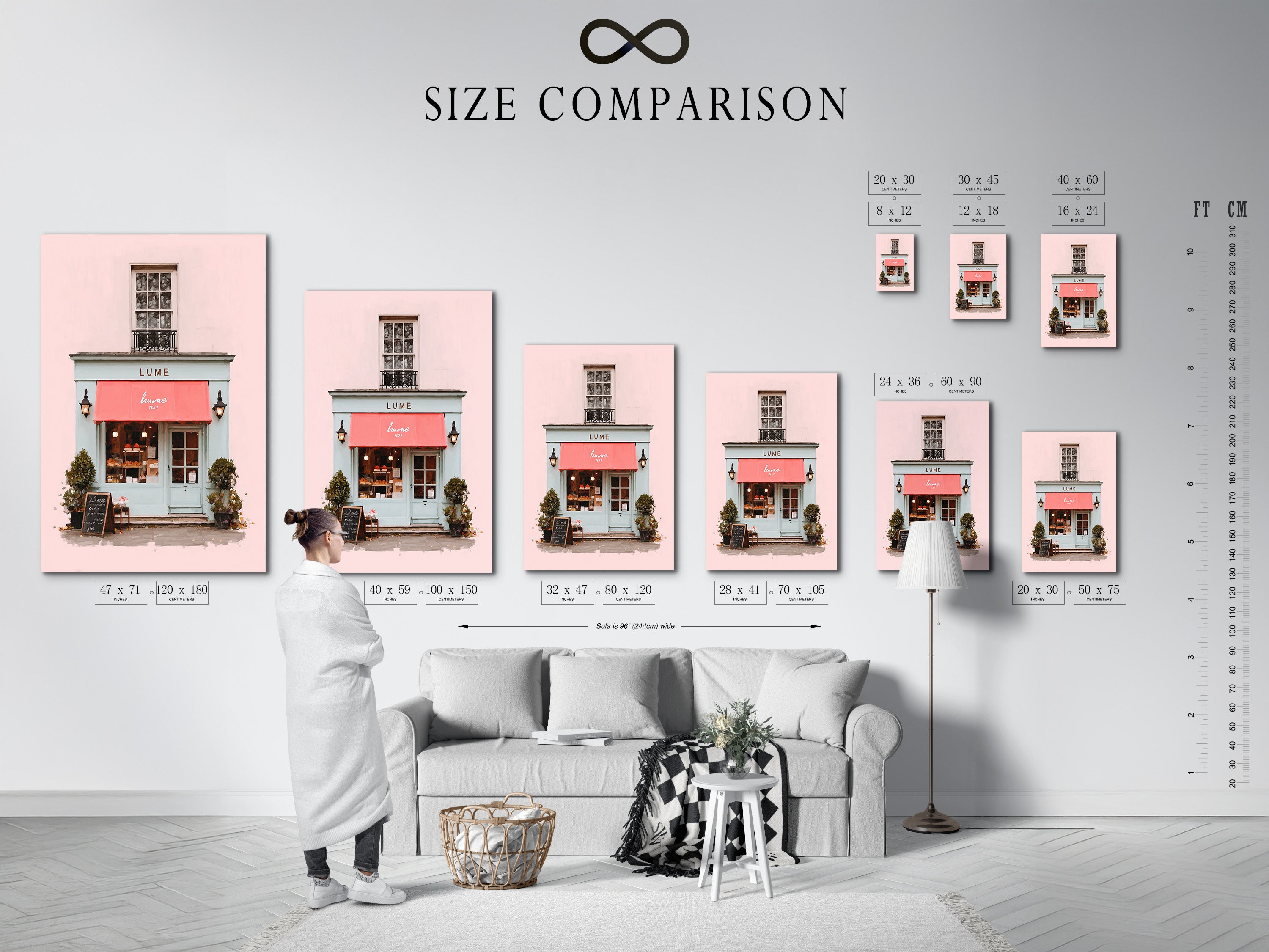 A size comparison chart is displayed in an interior setting. The chart illustrates the various sizes available for art prints and canvases. This helps customers visualize the different dimensions. It allows them to choose the perfect size for their space. The interior setting provides context. It aids in making an informed decision.