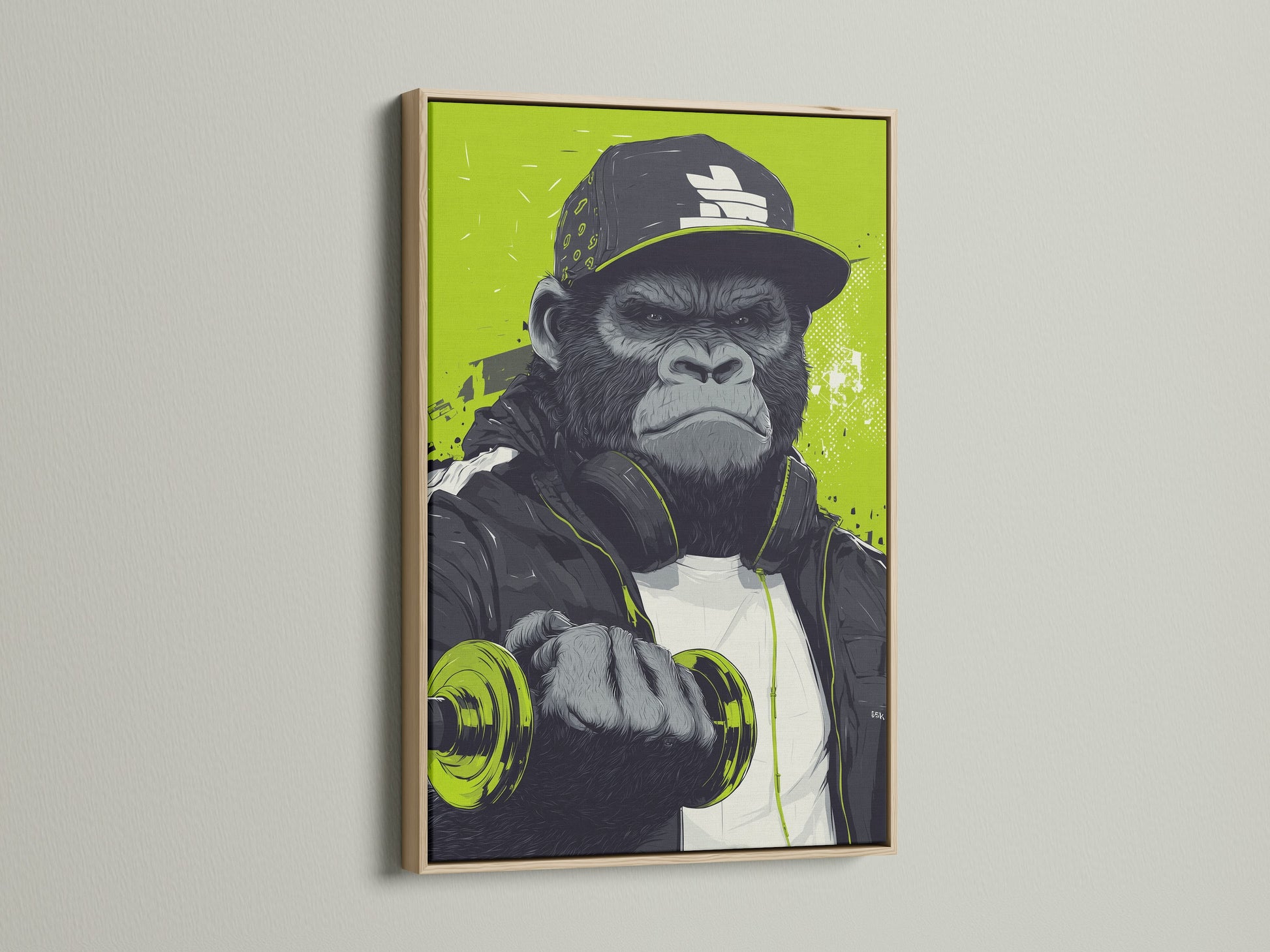 The oak frame enhances this gorilla workout canvas print. It's ideal gym wall decor for urban fitness enthusiasts. This unique animal artwork brings street art to your home gym or office. The gorilla artwork features a striking lime green color scheme and a contemporary feel.