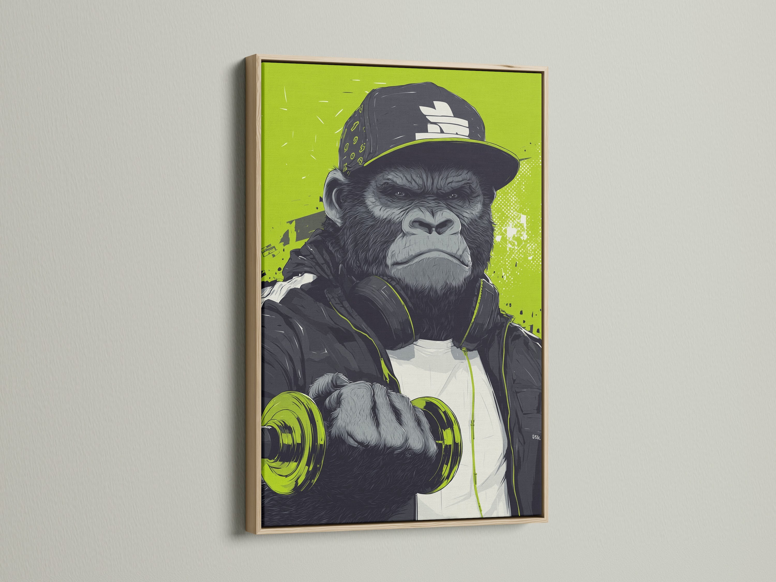 The oak frame enhances this gorilla workout canvas print. It's ideal gym wall decor for urban fitness enthusiasts. This unique animal artwork brings street art to your home gym or office. The gorilla artwork features a striking lime green color scheme and a contemporary feel.