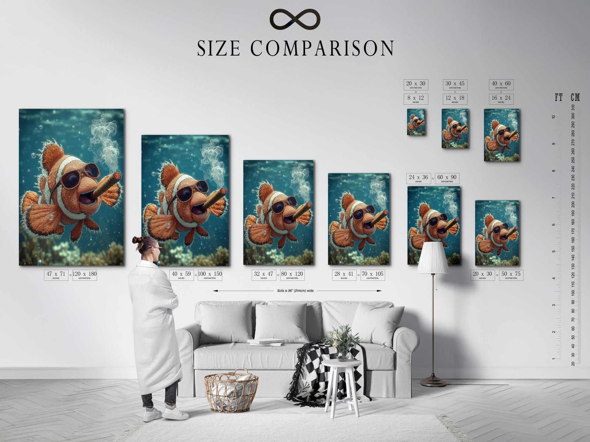 Size comparison chart displayed in an interior setting. The chart helps visualize different print sizes. It shows how the artwork will look in a room. Use our size comparison chart to choose the perfect art print. Make informed art purchases.