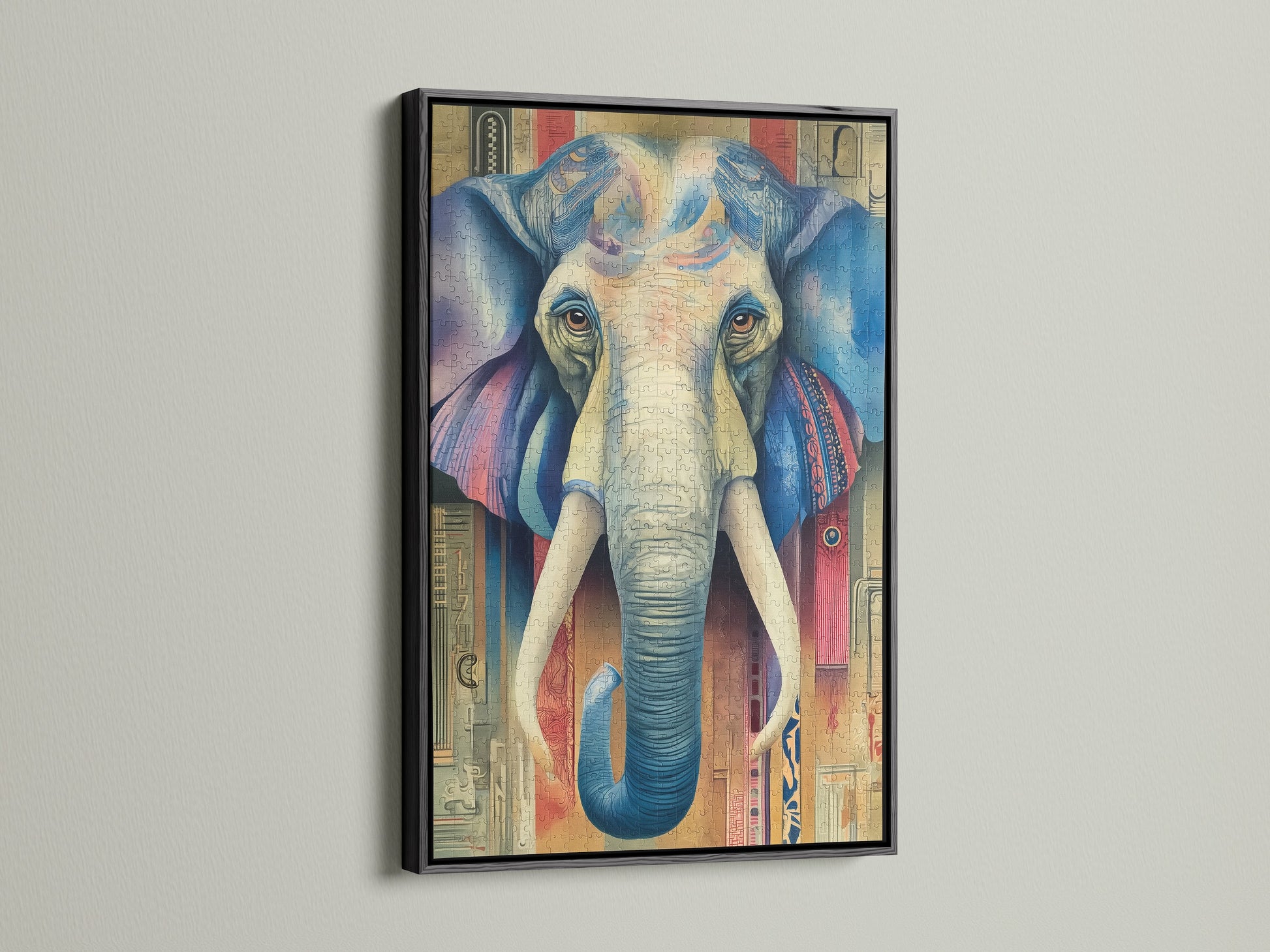 A bold elephant art piece is presented in a sleek black frame. This piece adds a touch of sophistication to any space. The artwork's vintage bohemian style complements modern decor. Its colorful animal print and intricate details captivate attention. Perfect for boutique owners seeking elevated global inspired wall art. It is great for study wall decor.