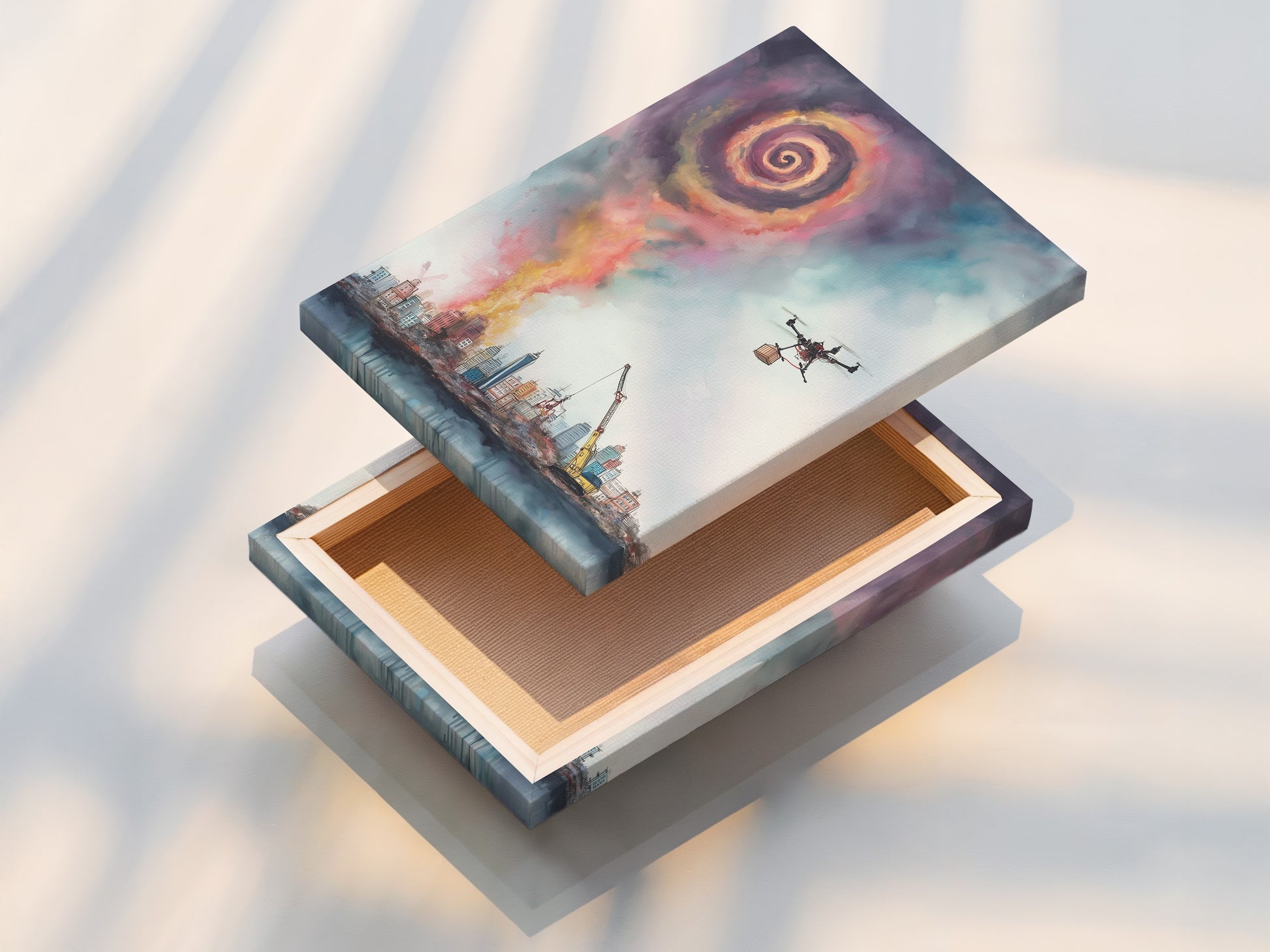 A stretched canvas print showcases a surreal cityscape. The artwork features a drone delivering goods above a modern skyline. The canvas texture enhances the urban fantasy theme. This ready-to-hang piece is perfect for adding a contemporary touch to any space. Ideal wall art for modern and eclectic spaces.