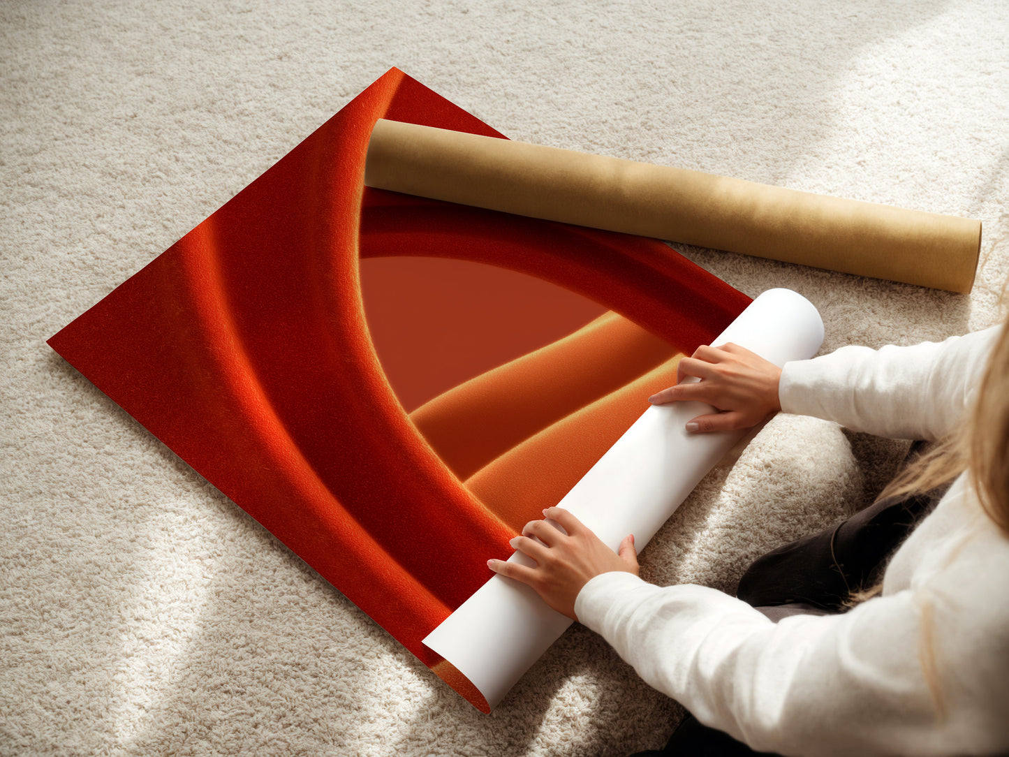 A woman is carefully rolling a fine art poster paper. The paper features abstract terracotta artwork. This warm earth tone print is perfect for modern minimalist bedroom wall decor. Ideal for contemporary art lovers. Enhance your space with this beautiful artwork.
