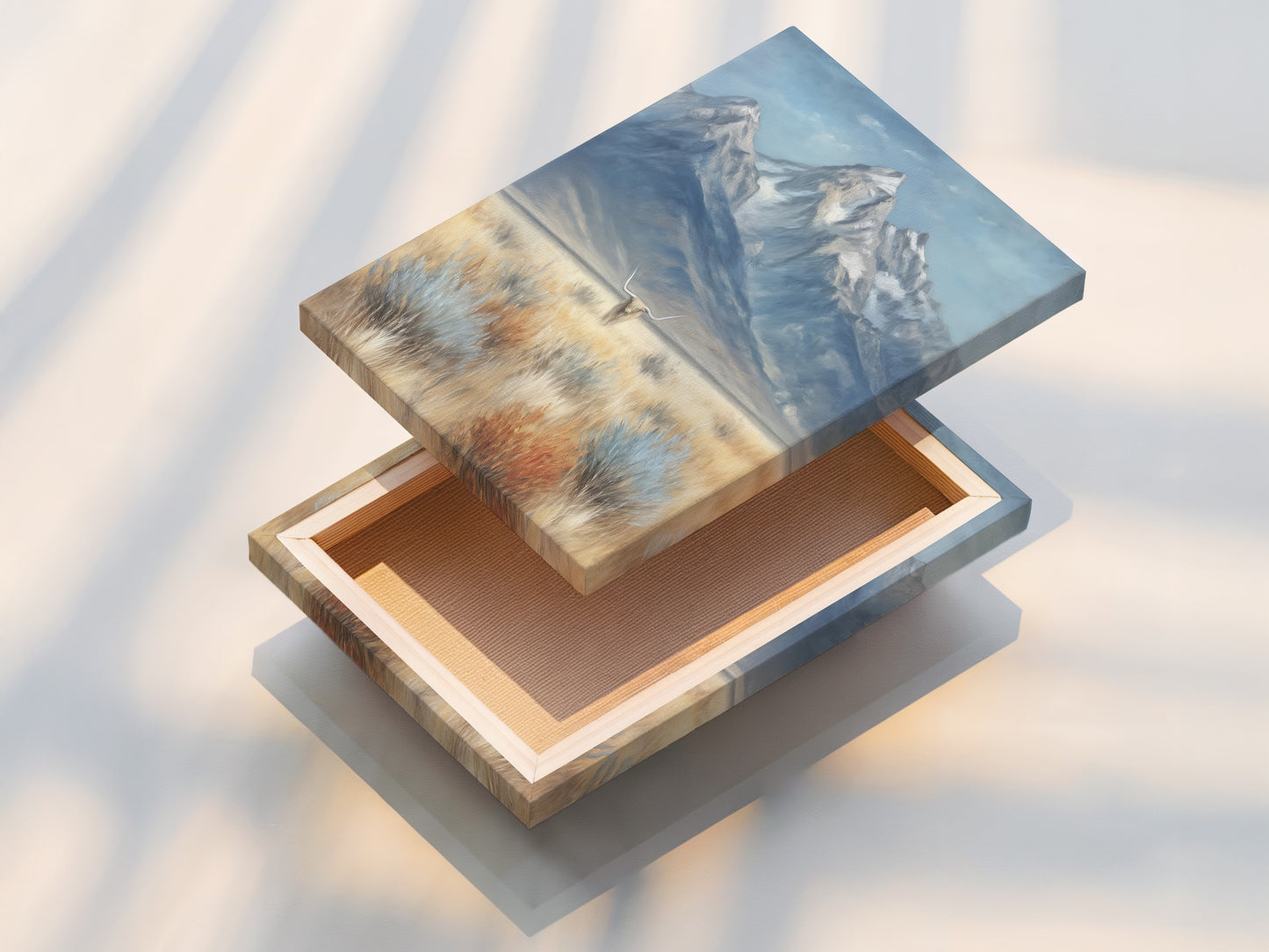 A stretched canvas print showcases the mountain and highland cattle artwork. The stretched canvas provides a gallery-ready look. The rustic farmhouse wall art adds warmth to any room. It's perfect for interior designers seeking versatile wall decor options.