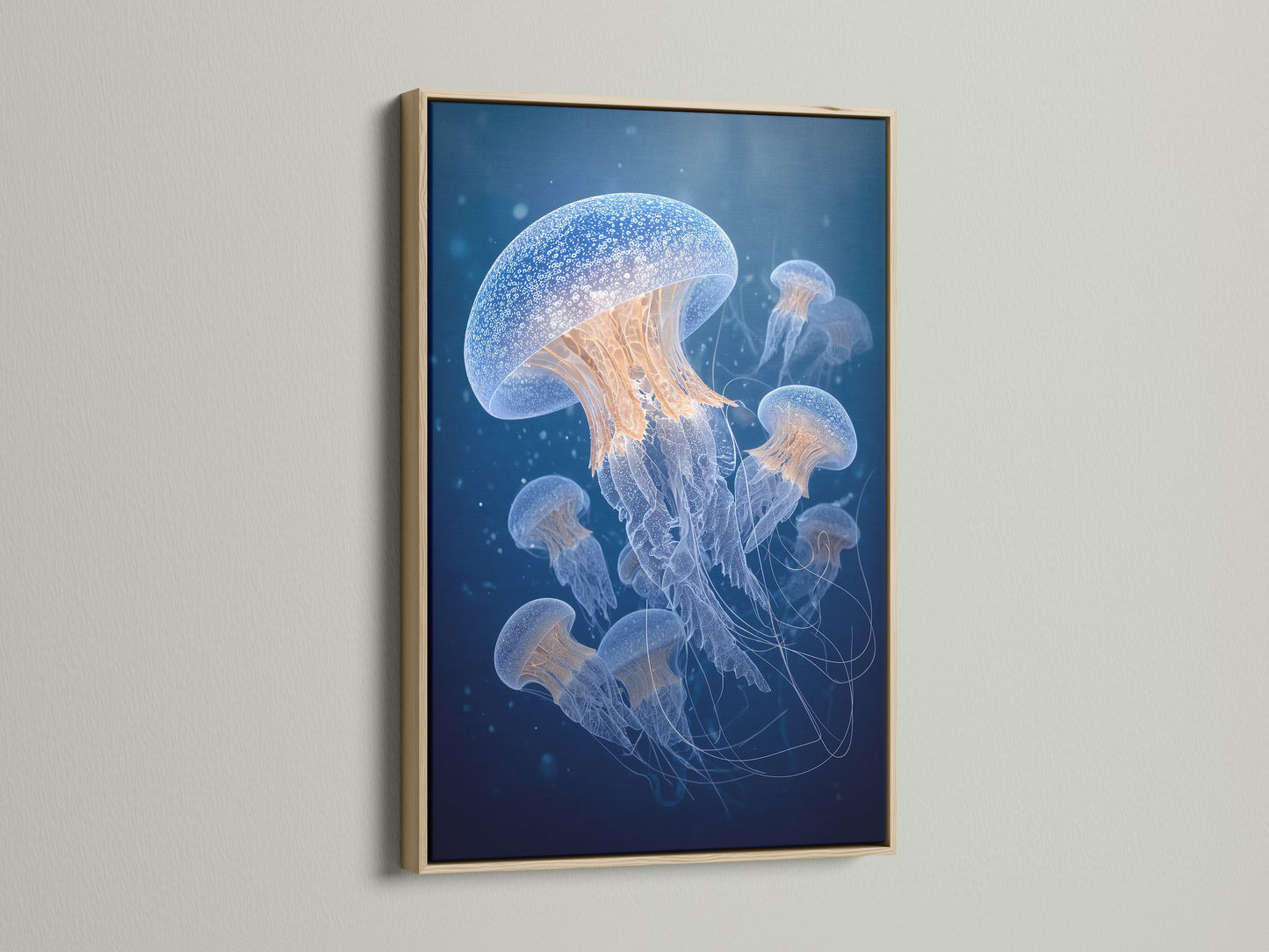 A framed artwork featuring jellyfish in an oak frame. The oak frame provides a natural and warm tone. This enhances the artwork's beauty. The jellyfish artwork is both captivating and serene. This is beautifully presented in the oak frame.