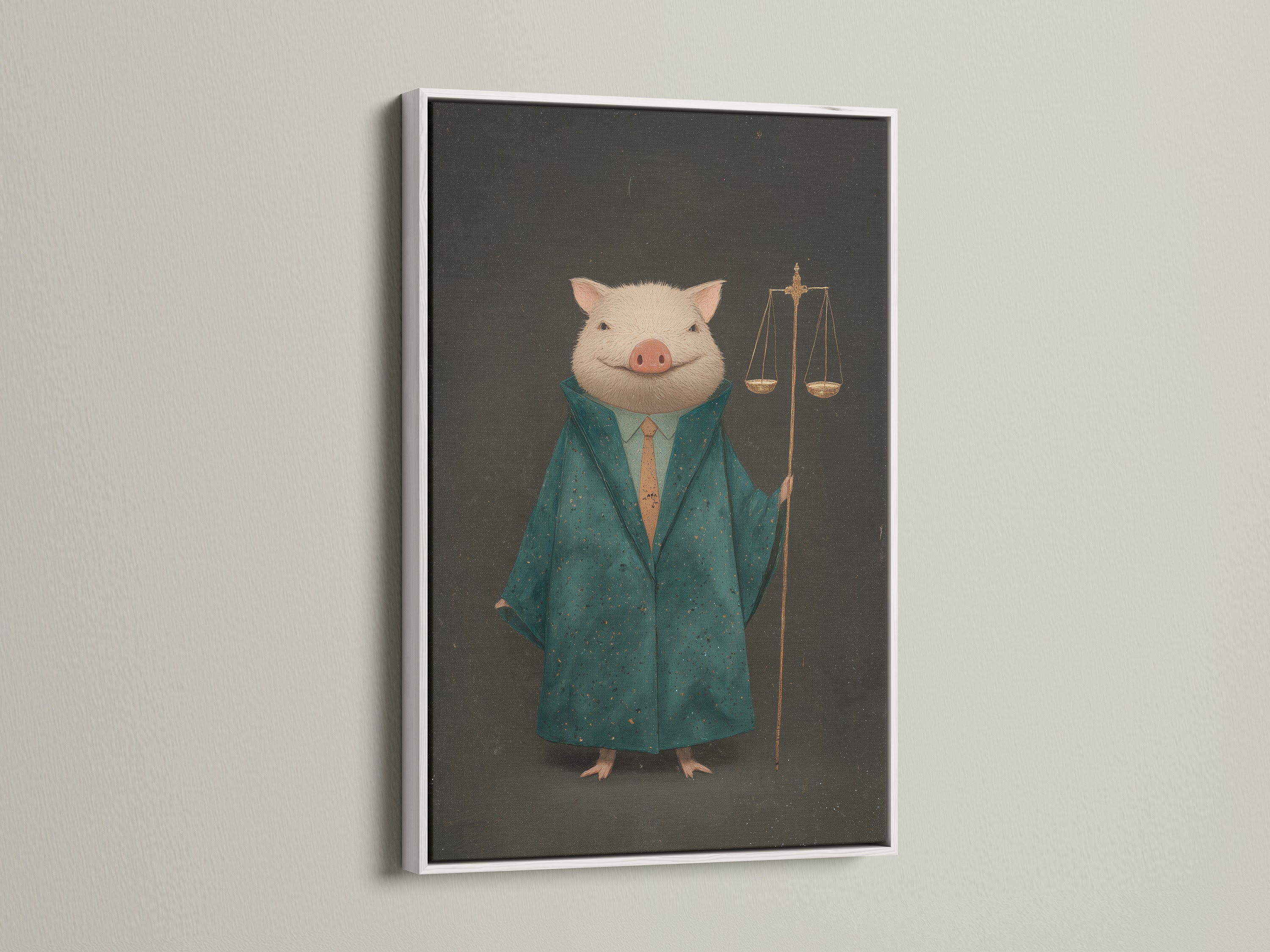 This image shows the Lawyer Pig art in a white frame. It is ideal for legal professionals. This scales of justice art adds a touch of humor to office wall decor. The pig lawyer print is a great gift for attorneys. The Victorian style is in green and gold.