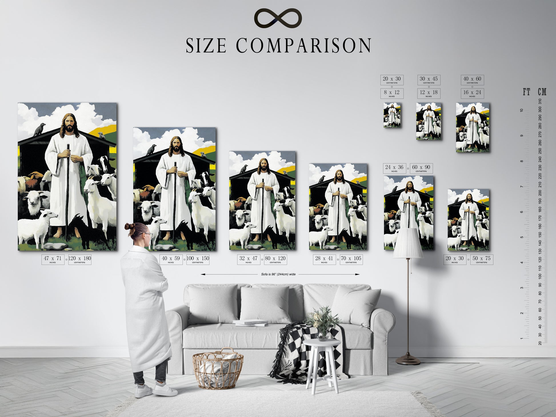 A size comparison chart is displayed in an interior setting. This chart helps you visualize artwork sizes. Choose the perfect size for your space. See how different sizes fit on your wall. Make an informed decision for your art needs. Ensure your art complements your decor.