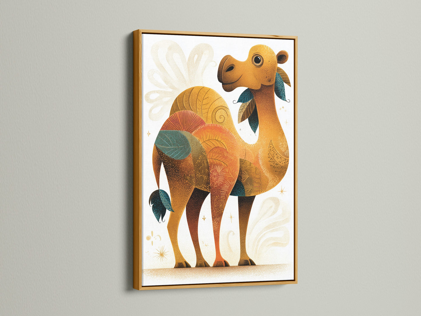 Artwork featuring a whimsical camel illustration in a gold frame. Add a touch of luxury to your favorite prints. The metallic finish enhances the artwork's visual appeal. Perfect for adding elegance.