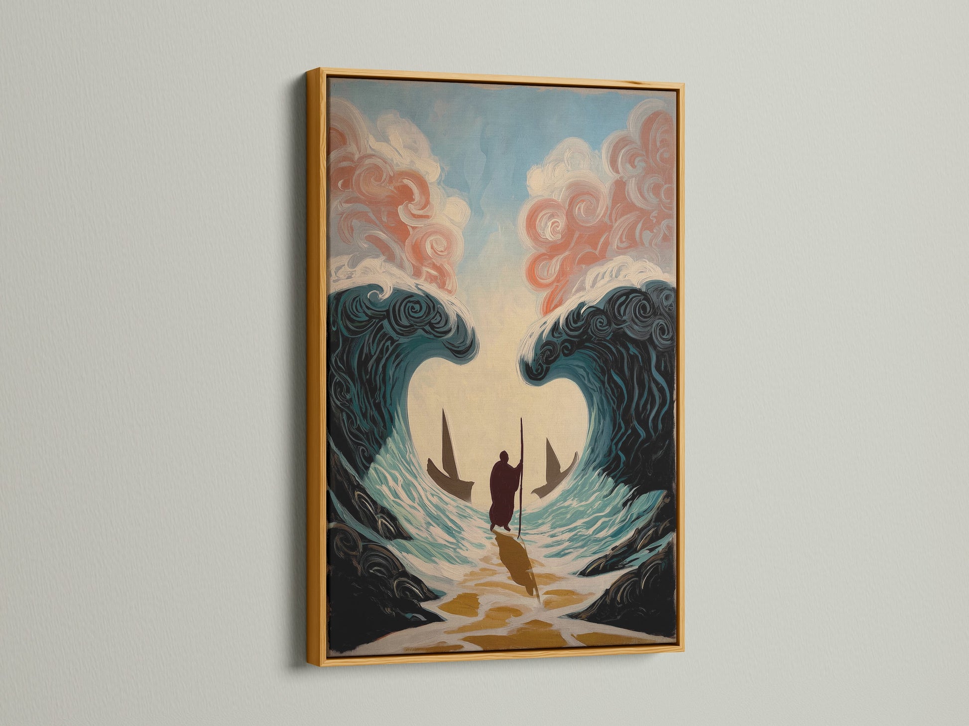 This is a gold frame. The frame provides a touch of luxury. The artwork is displayed on a white wall with natural light. This frame creates a sophisticated look. Perfect for adding glamour. Frame your cherished art with this opulent choice.