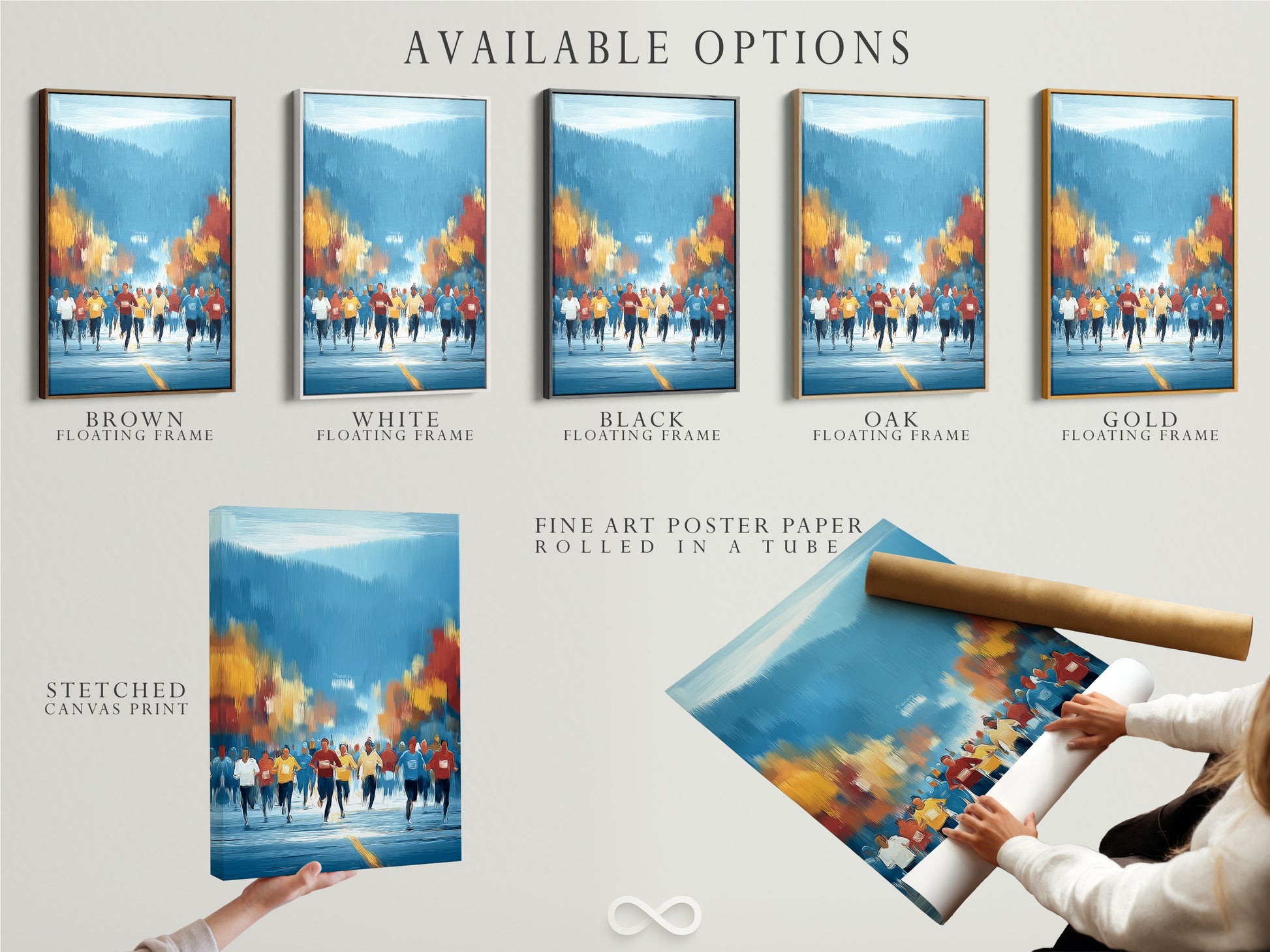 Available options for the marathon runners artwork are displayed. Choose from a stretched canvas print fine art poster paper or a floating frame. Perfect for customizing your sports wall decor. Get motivated with this athletic artwork in your preferred style.
