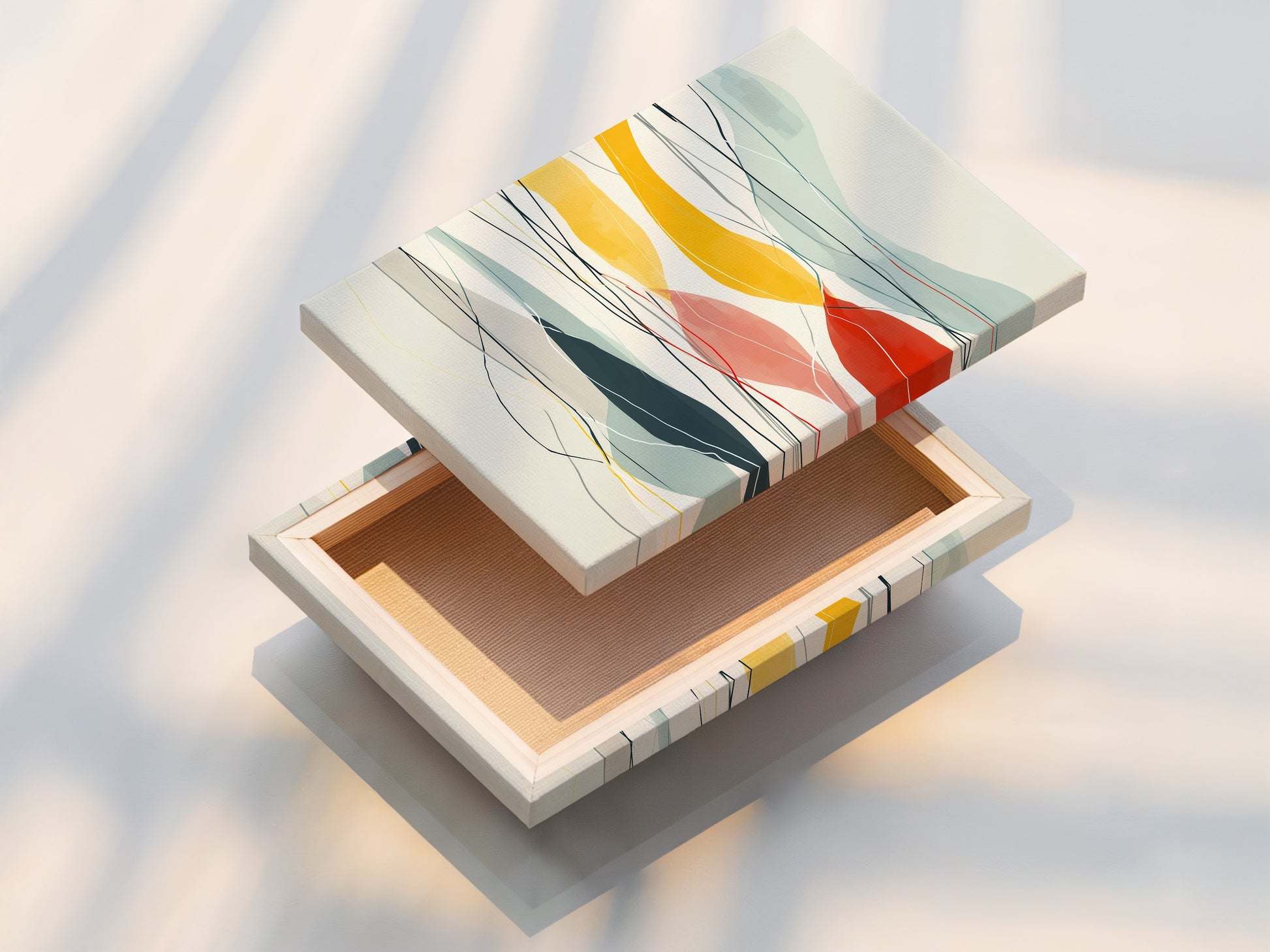 Stretched canvas print of the Abstract Mountain artwork. It features a colorful landscape. This modern geometric artwork is perfect for office decor. It will enhance any living room or bedroom. This artwork will complement minimalist and Scandinavian aesthetics. Get yours today.