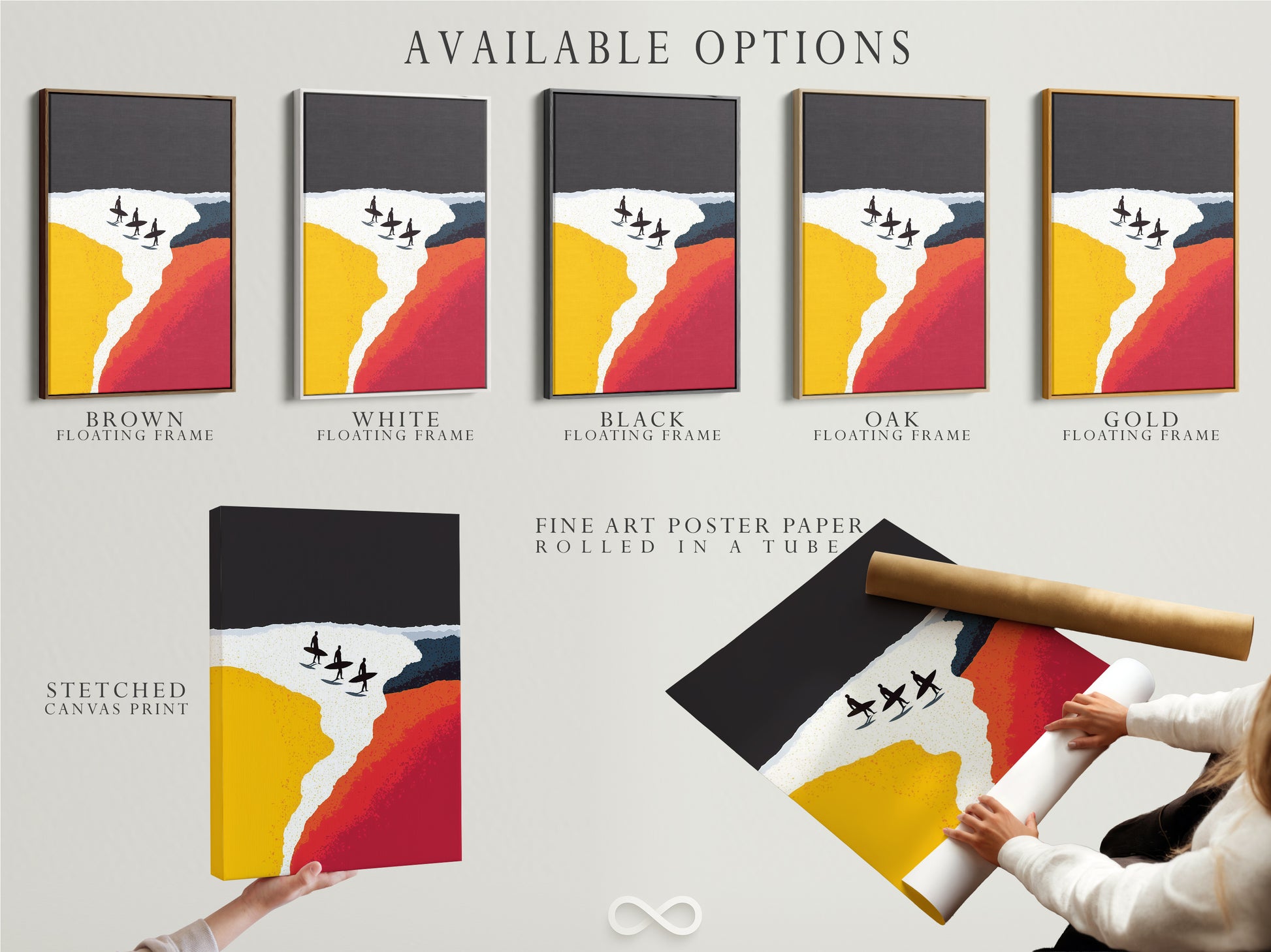 Available options are displayed side by side. These options include stretched canvas prints fine art poster paper and floating frames. Choose the perfect presentation for your surf art. Customize your beach artwork to fit your unique style. Explore our variety of options today.