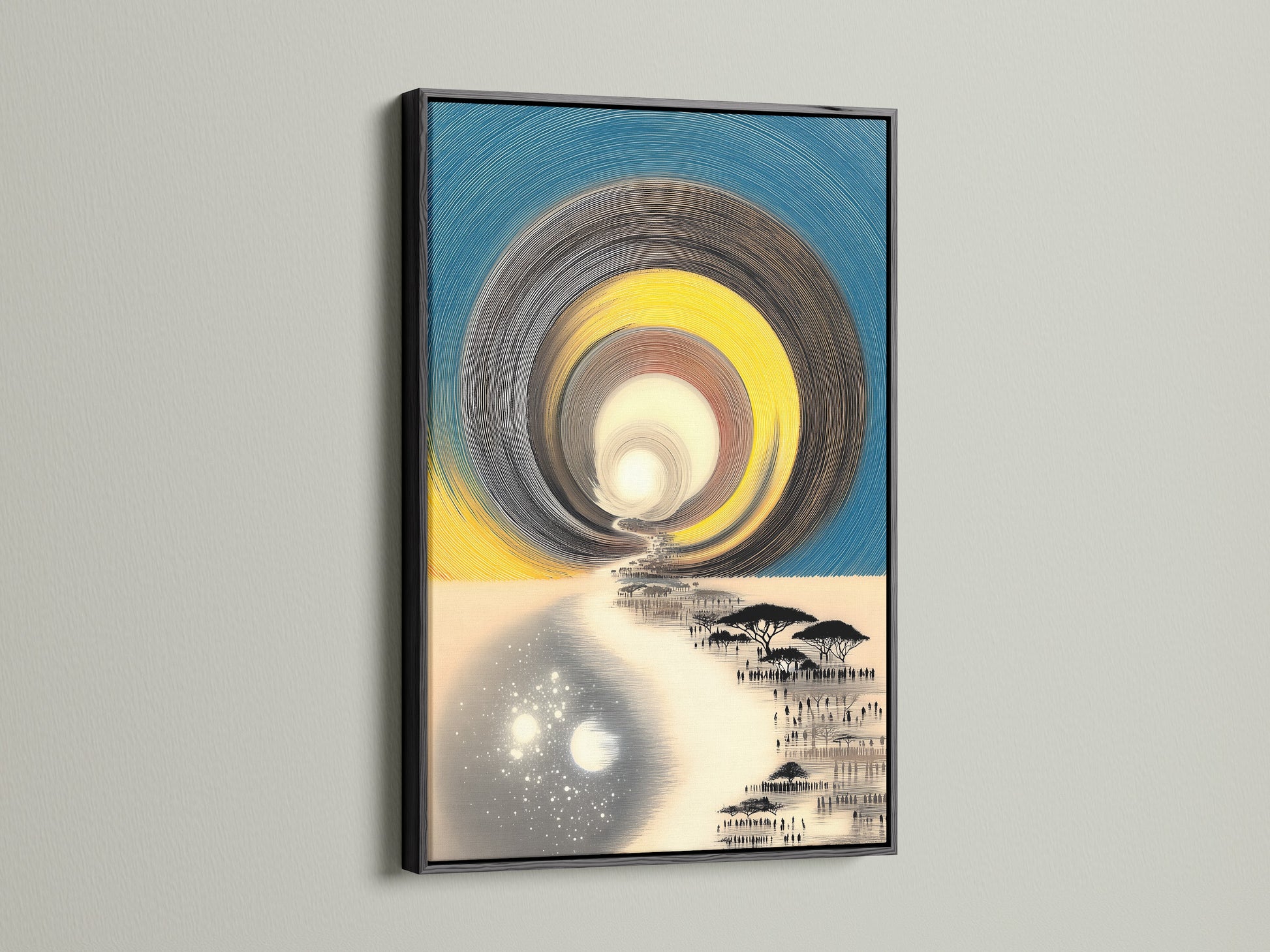 See a canvas artwork displayed in a sleek black frame. Black frames provide a bold contrast. Black gives artwork a sophisticated edge. A black frame is perfect for modern art enthusiasts. See artwork transformed by a black frame's elegance. Makes colors pop.